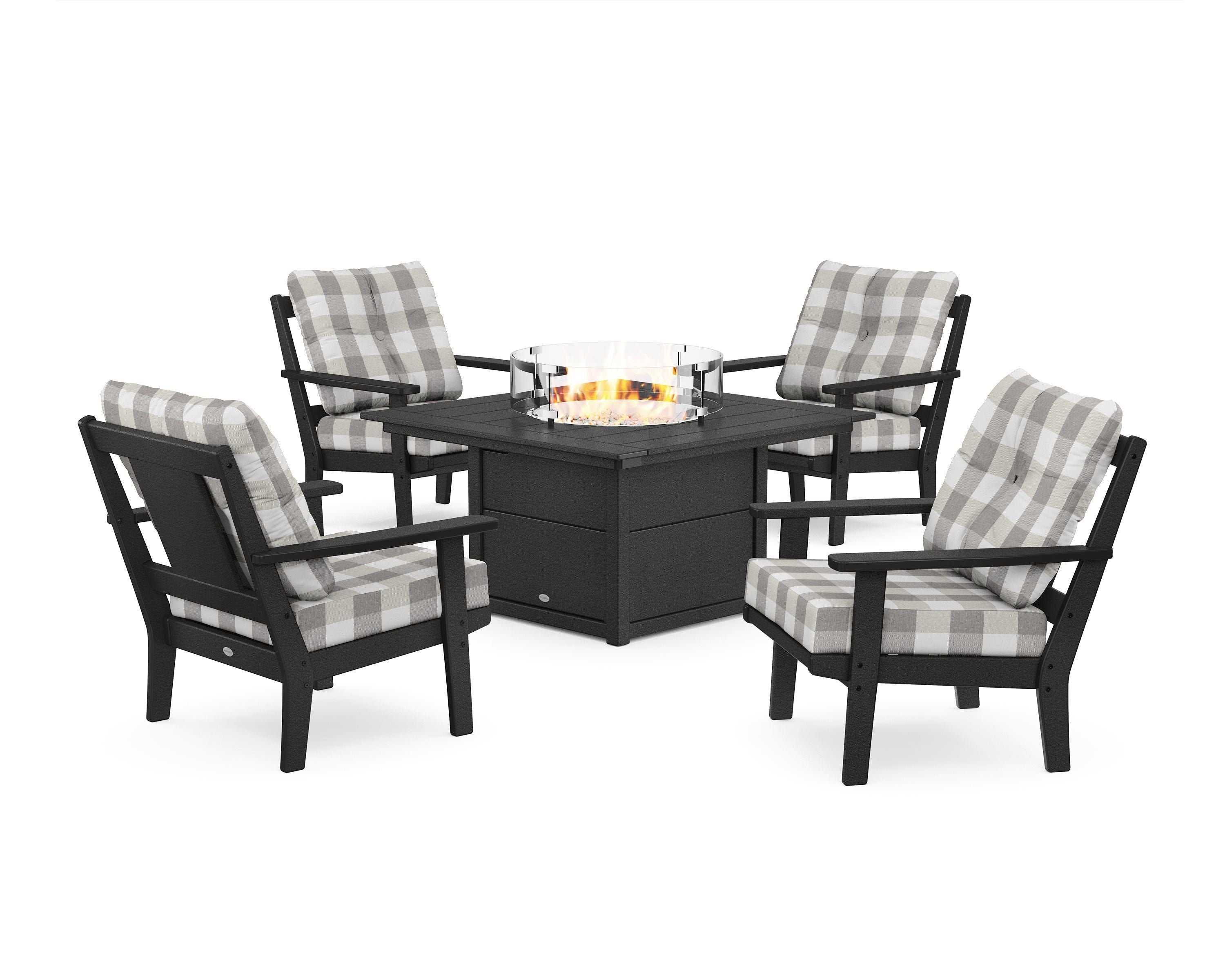 POLYWOOD® Prairie 5-Piece Deep Seating Set with Fire Pit Table in Black / Buffalo Plaid Grey Mist