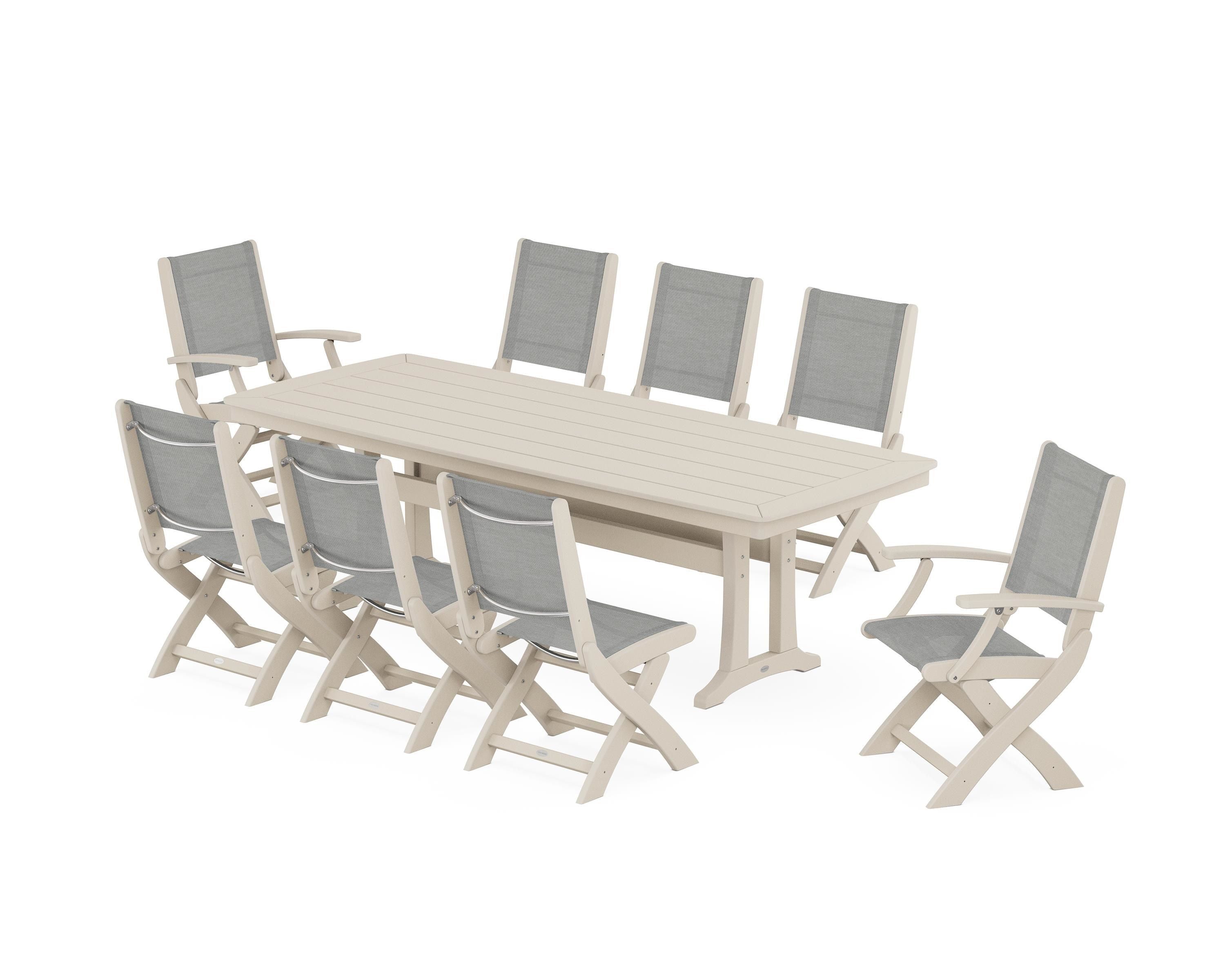 POLYWOOD® Coastal Folding 9-Piece Dining Set with Trestle Legs in Sand / Metallic Sling