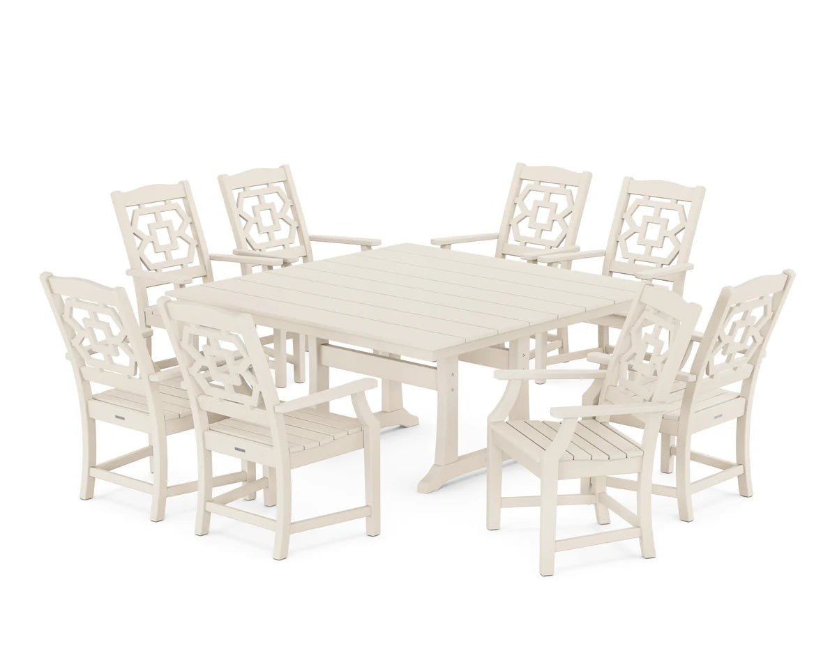 Chinoiserie 9-Piece Square Farmhouse Dining Set with Trestle Legs