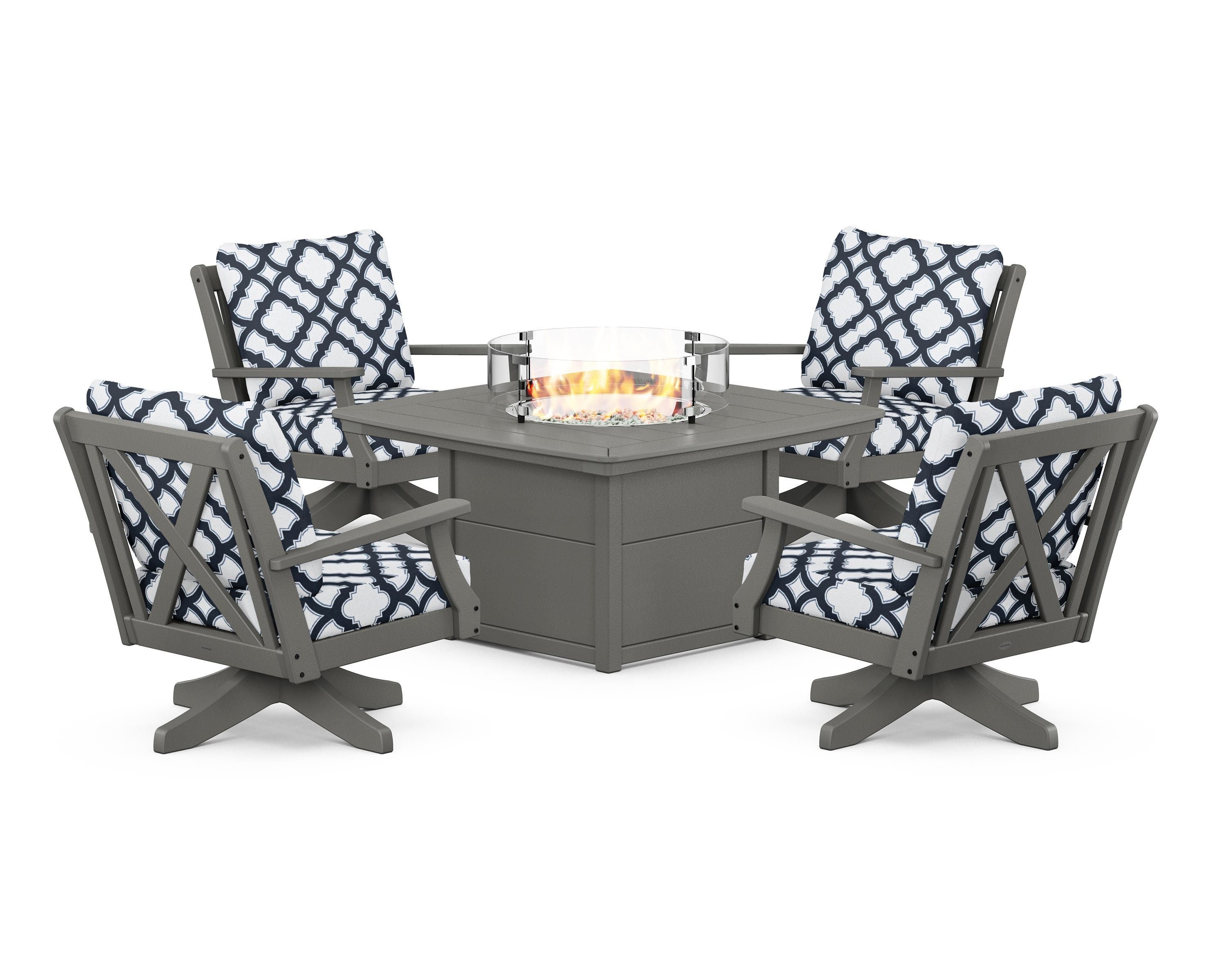 POLYWOOD® Braxton 5-Piece Deep Seating Swivel Conversation Set with Fire Pit Table in Slate Grey / Trellis Marine Indigo