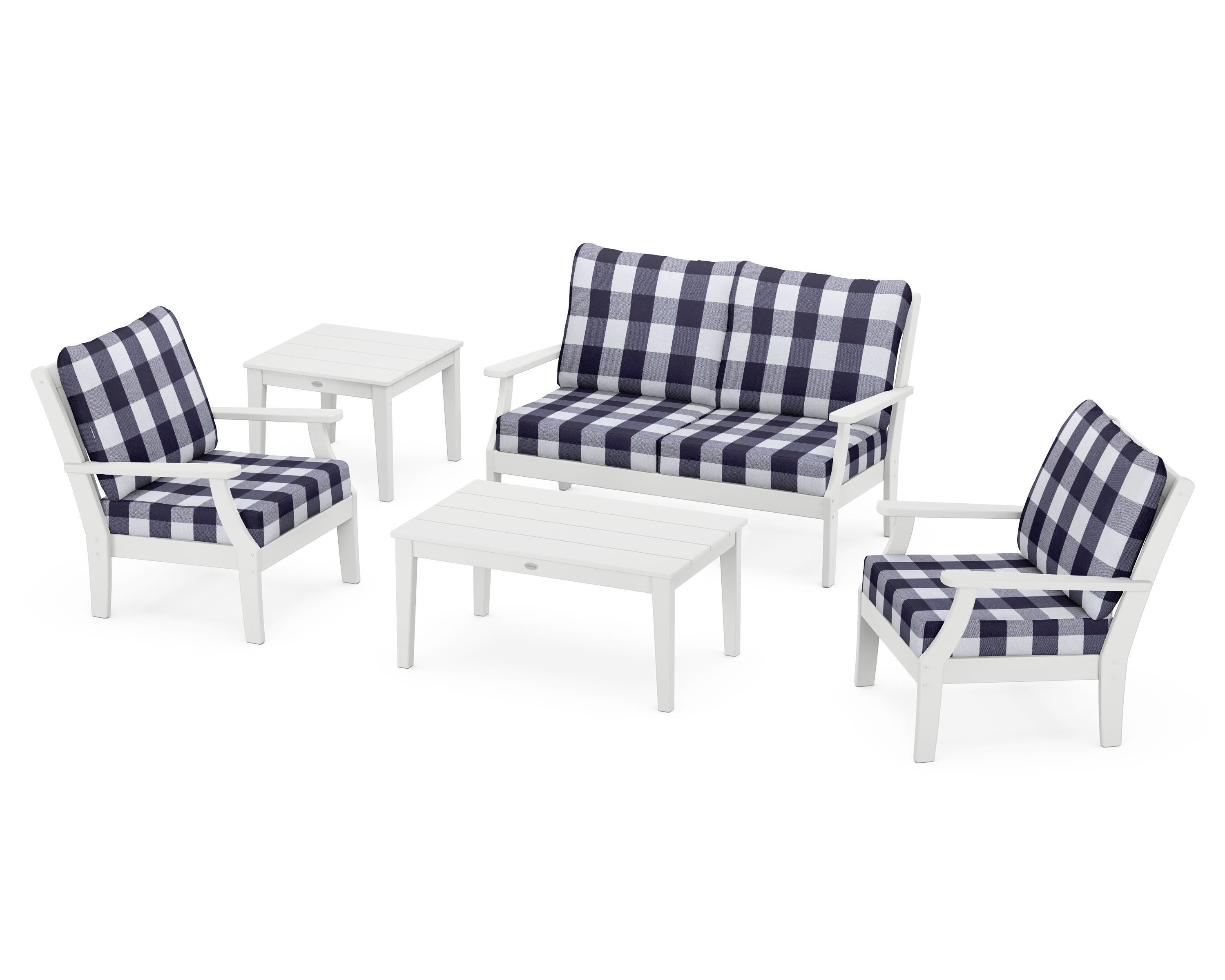 POLYWOOD® Braxton 5-Piece Deep Seating Set in White / Buffalo Plaid Navy