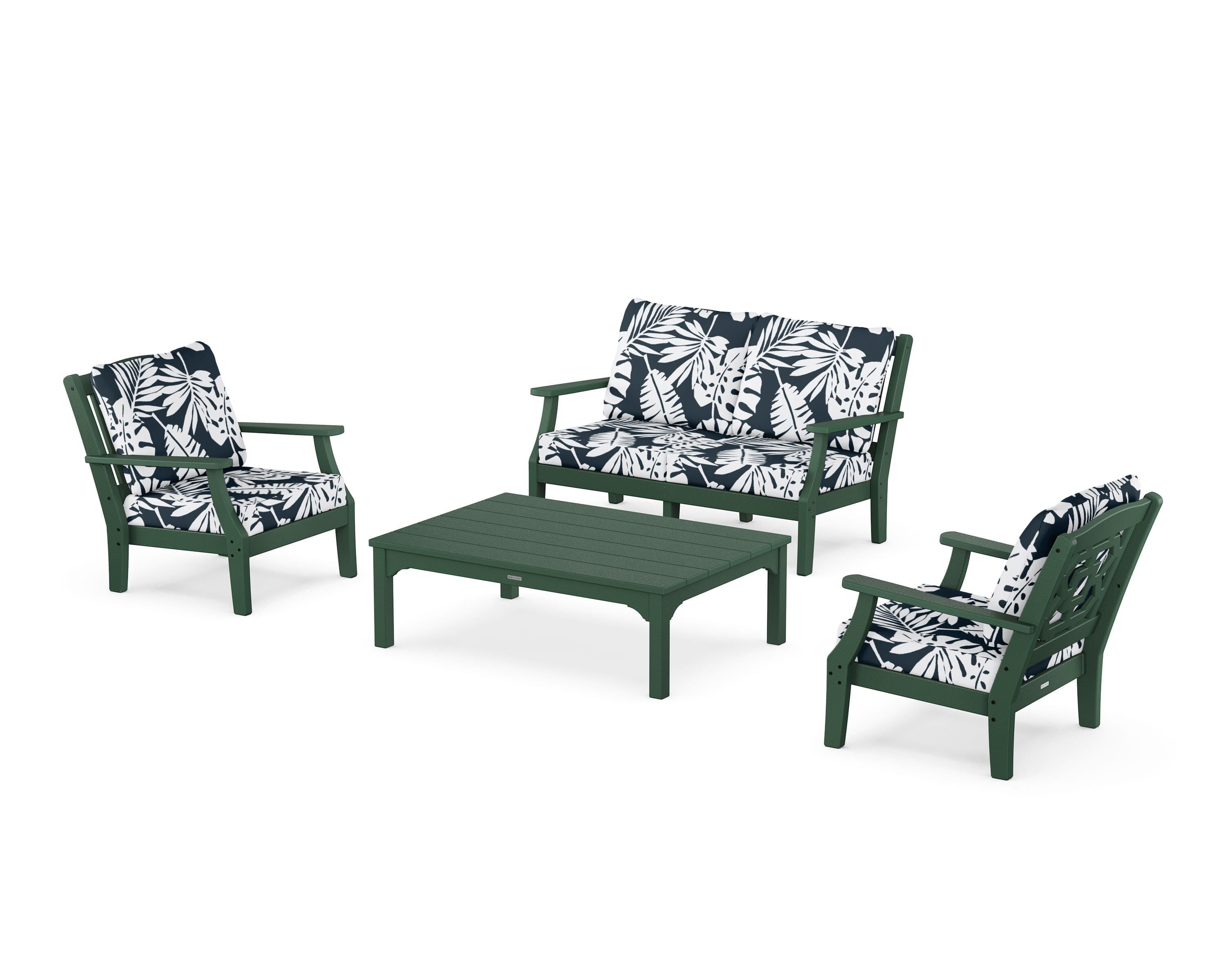 Martha Stewart by POLYWOOD® Chinoiserie 4-Piece Deep Seating Set with Loveseat in Green / Leaf Marine Indigo