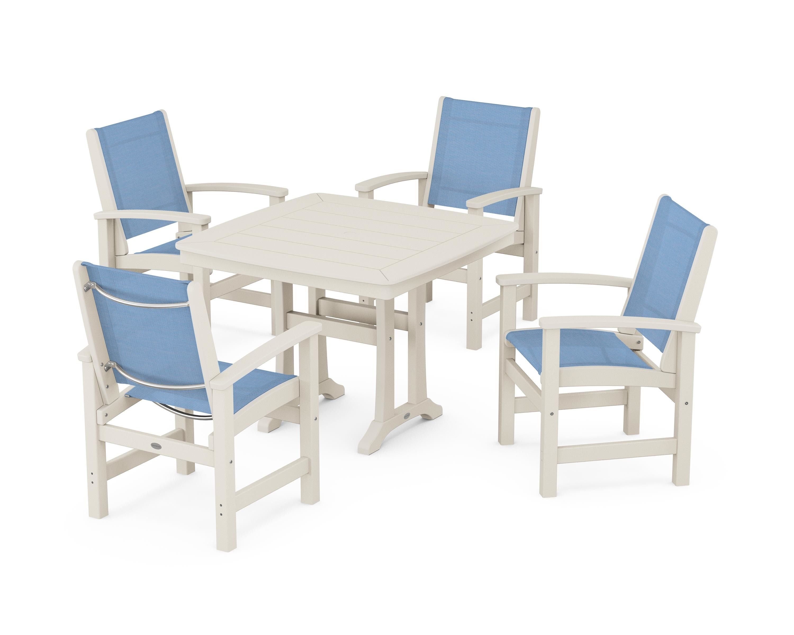 POLYWOOD® Coastal 5-Piece Dining Set with Trestle Legs in Sand / Poolside Sling