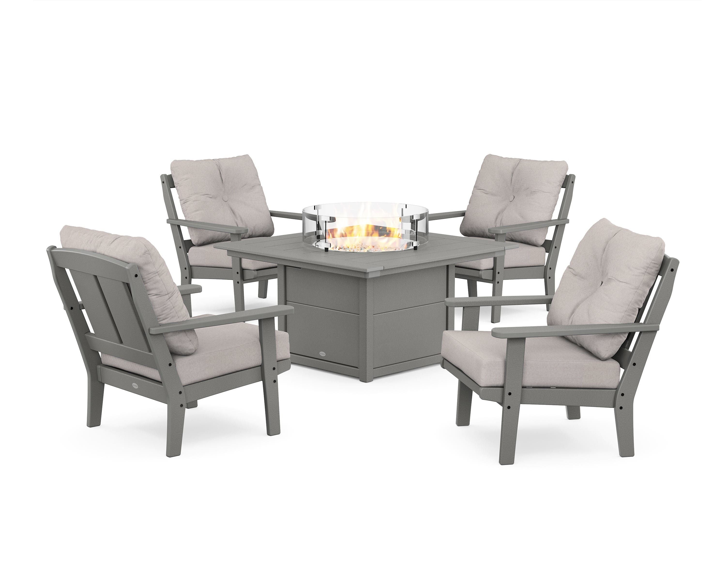 POLYWOOD® Mission 5-Piece Deep Seating Set with Fire Pit Table in Slate Grey / Dune Burlap