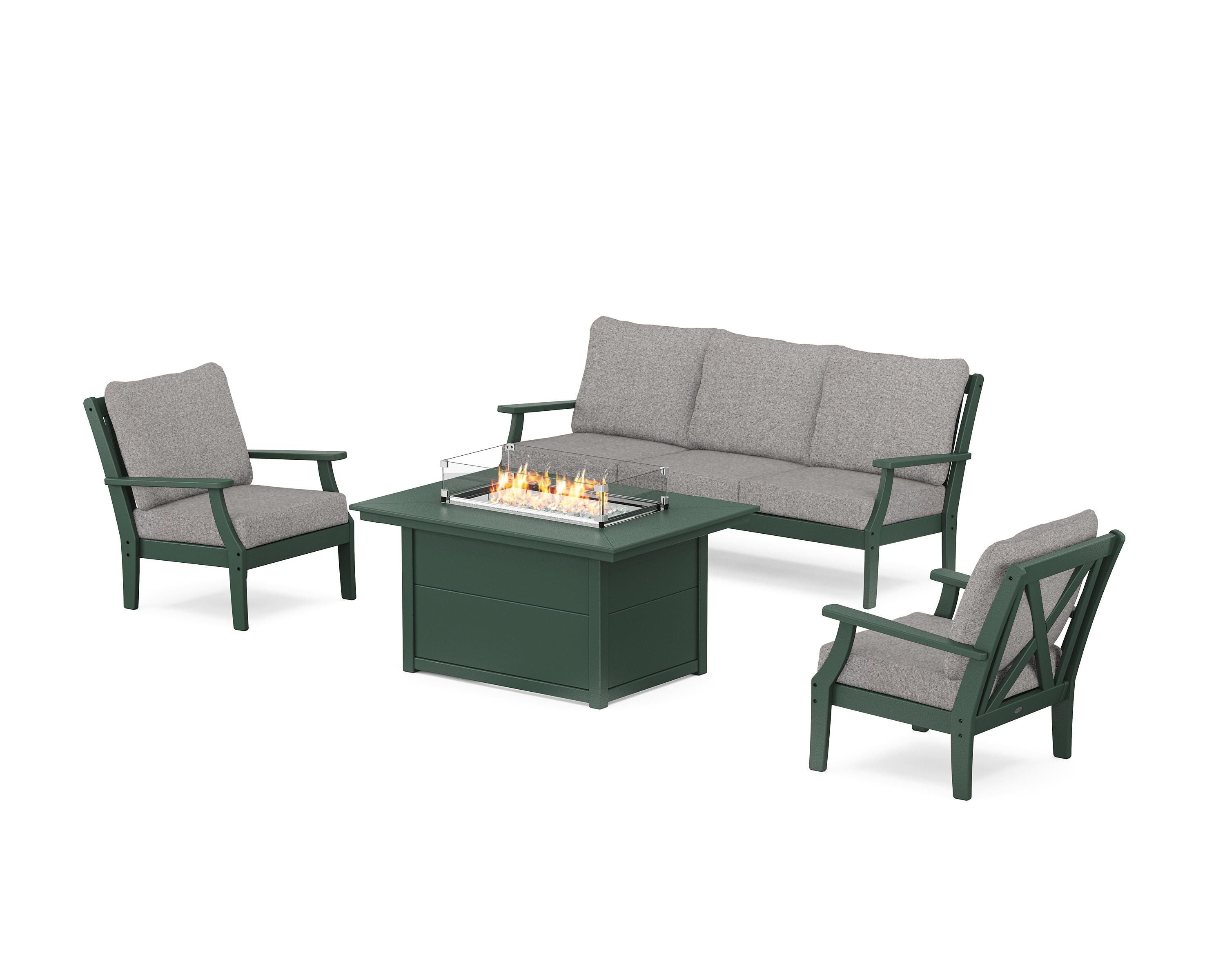 POLYWOOD® Braxton Deep Seating Fire Pit Table Set in Green / Grey Mist