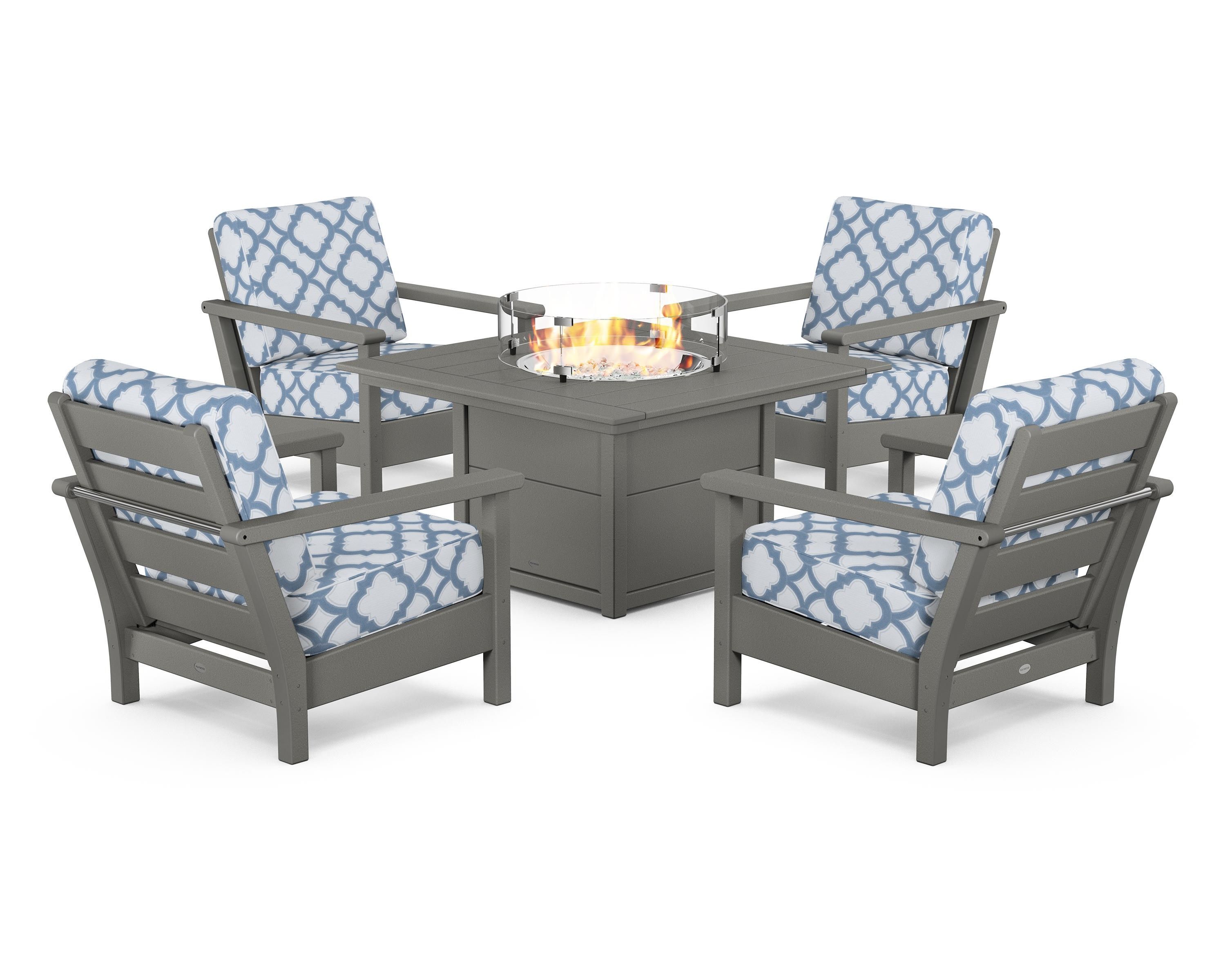POLYWOOD® Harbour 5-Piece Conversation Set with Fire Pit Table in Slate Grey / Trellis Sky Blue