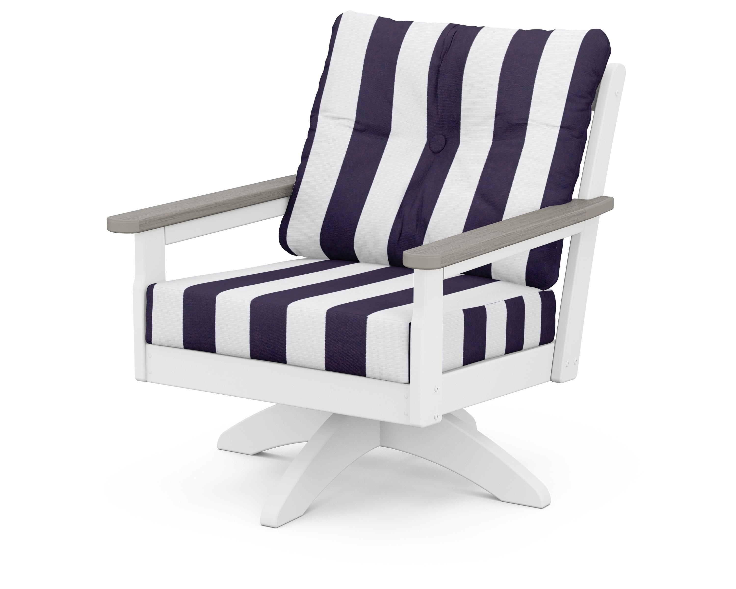 POLYWOOD® Vineyard Deep Seating Swivel Chair in White / Driftwood / Cabana Stripe Navy