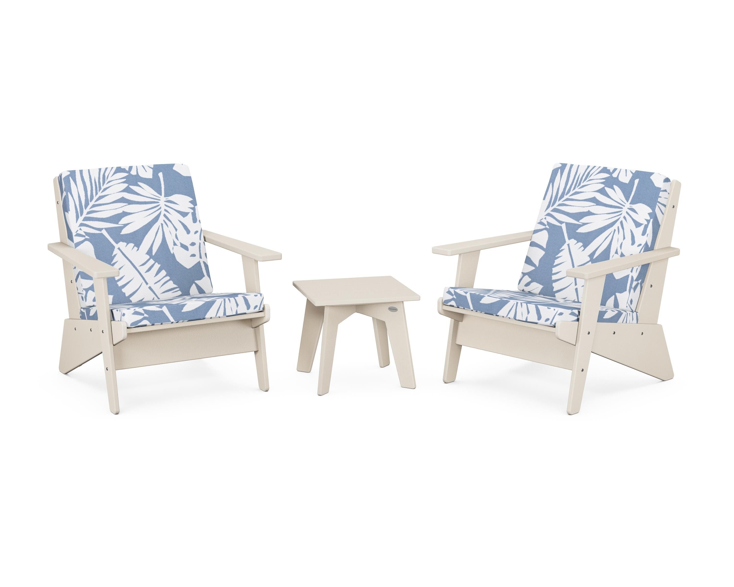 POLYWOOD® Riviera Modern Lounge 3-Piece Set in Sand / Leaf Sky Blue