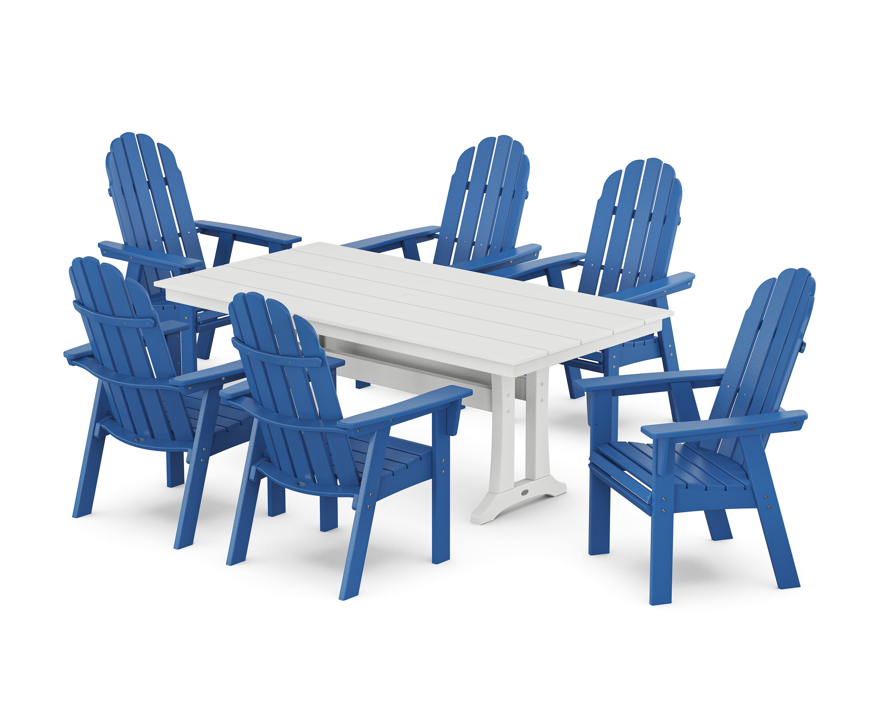 POLYWOOD® Vineyard Curveback Adirondack Chair 7-Piece Farmhouse Dining Set with Trestle Legs in Pacific Blue / White