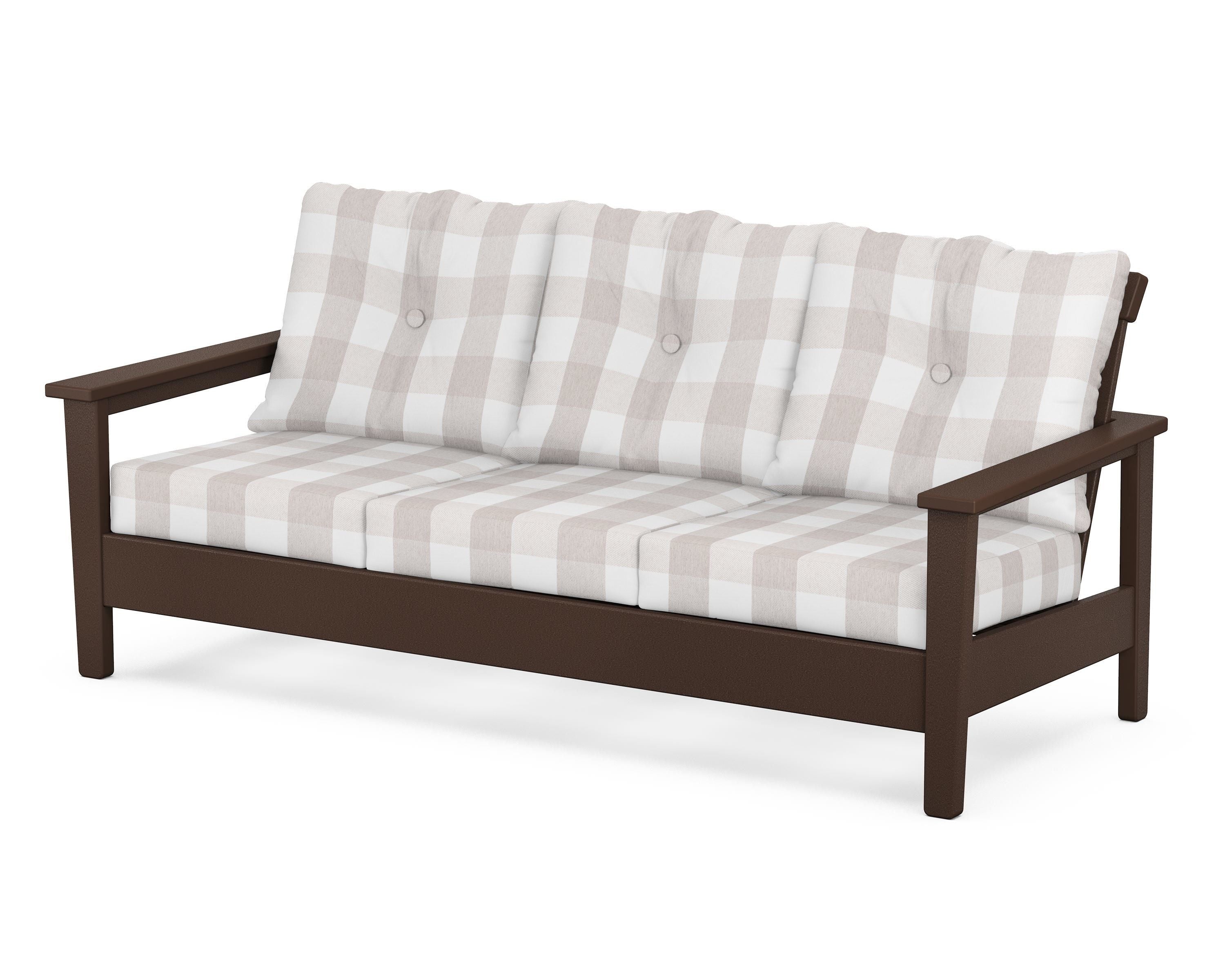 POLYWOOD® Prescott Deep Seating Sofa in Mahogany / Buffalo Plaid Dune Burlap