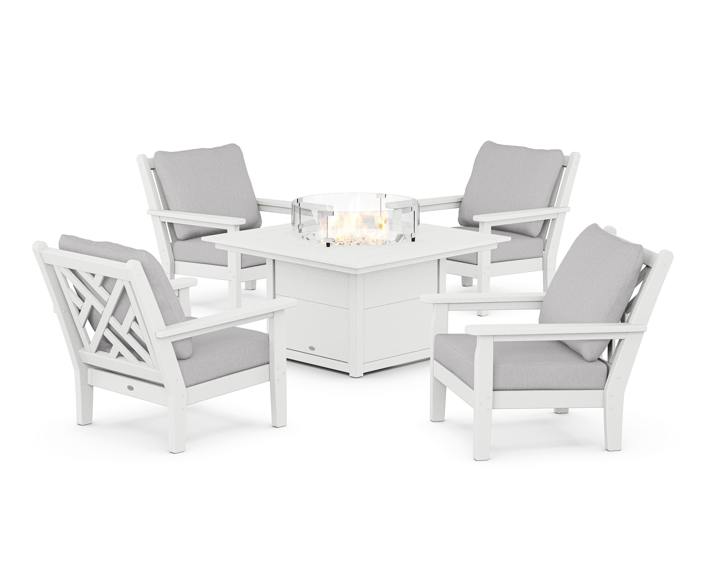 POLYWOOD® Chippendale 5-Piece Deep Seating Set with Fire Pit Table in White / Granite