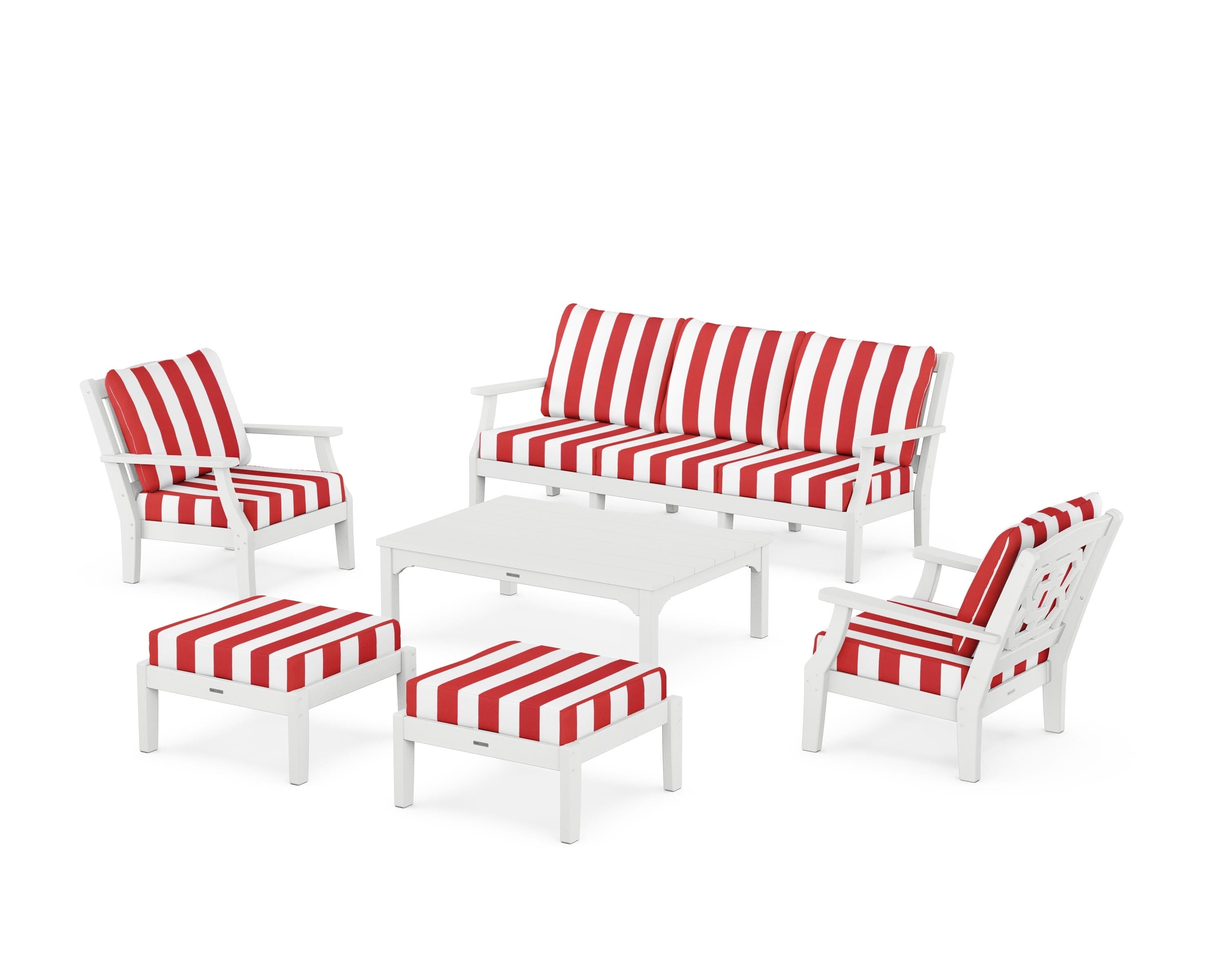 Martha Stewart by POLYWOOD® Chinoiserie 6-Piece Lounge Sofa Set in White / Cabana Stripe Crimson