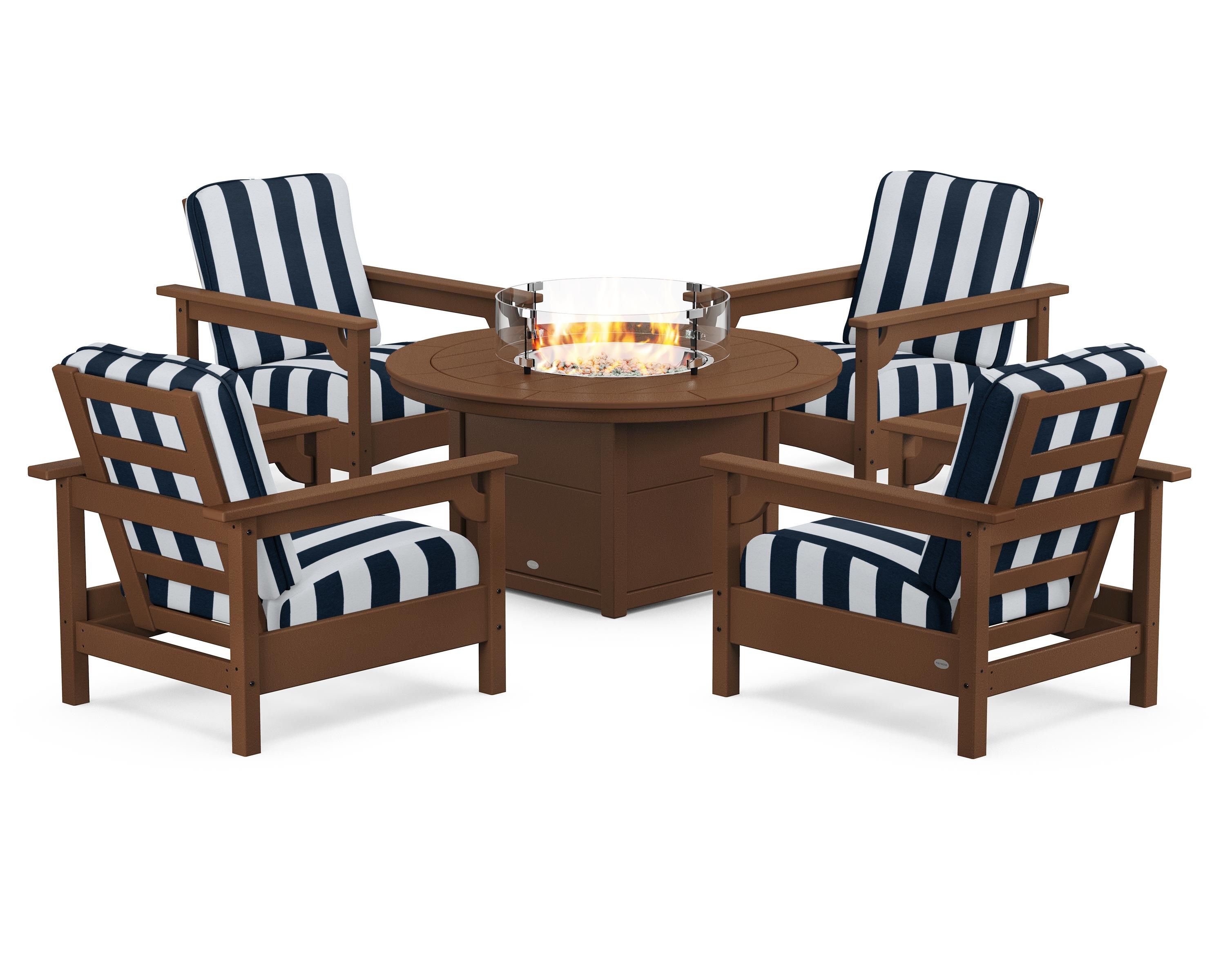 POLYWOOD® Club 5-Piece Conversation Set with Fire Pit Table in Teak / Cabana Stripe Marine Indigo