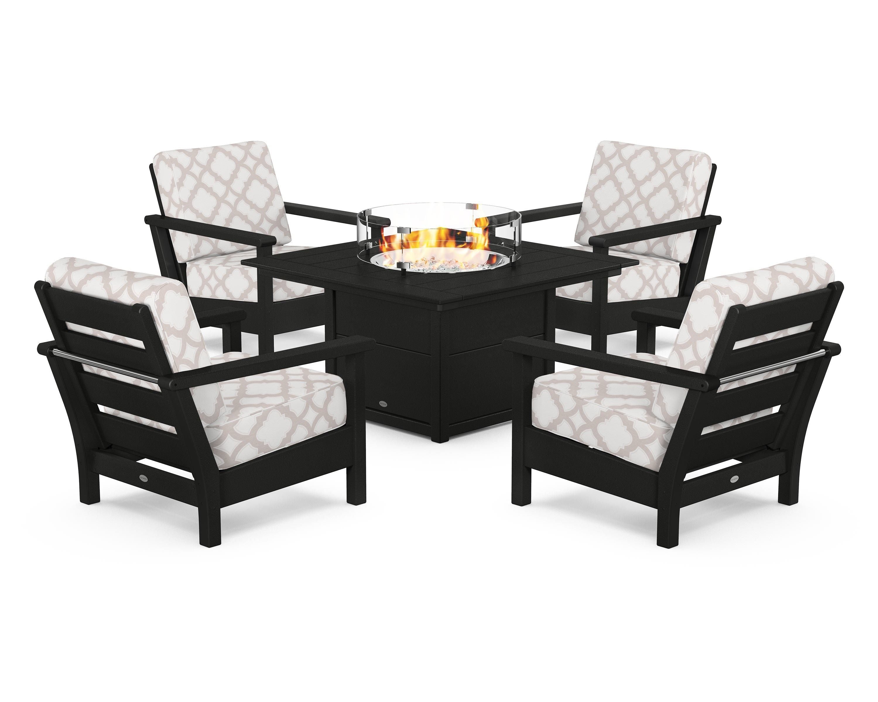 POLYWOOD® Harbour 5-Piece Conversation Set with Fire Pit Table in Black / Trellis Dune Burlap