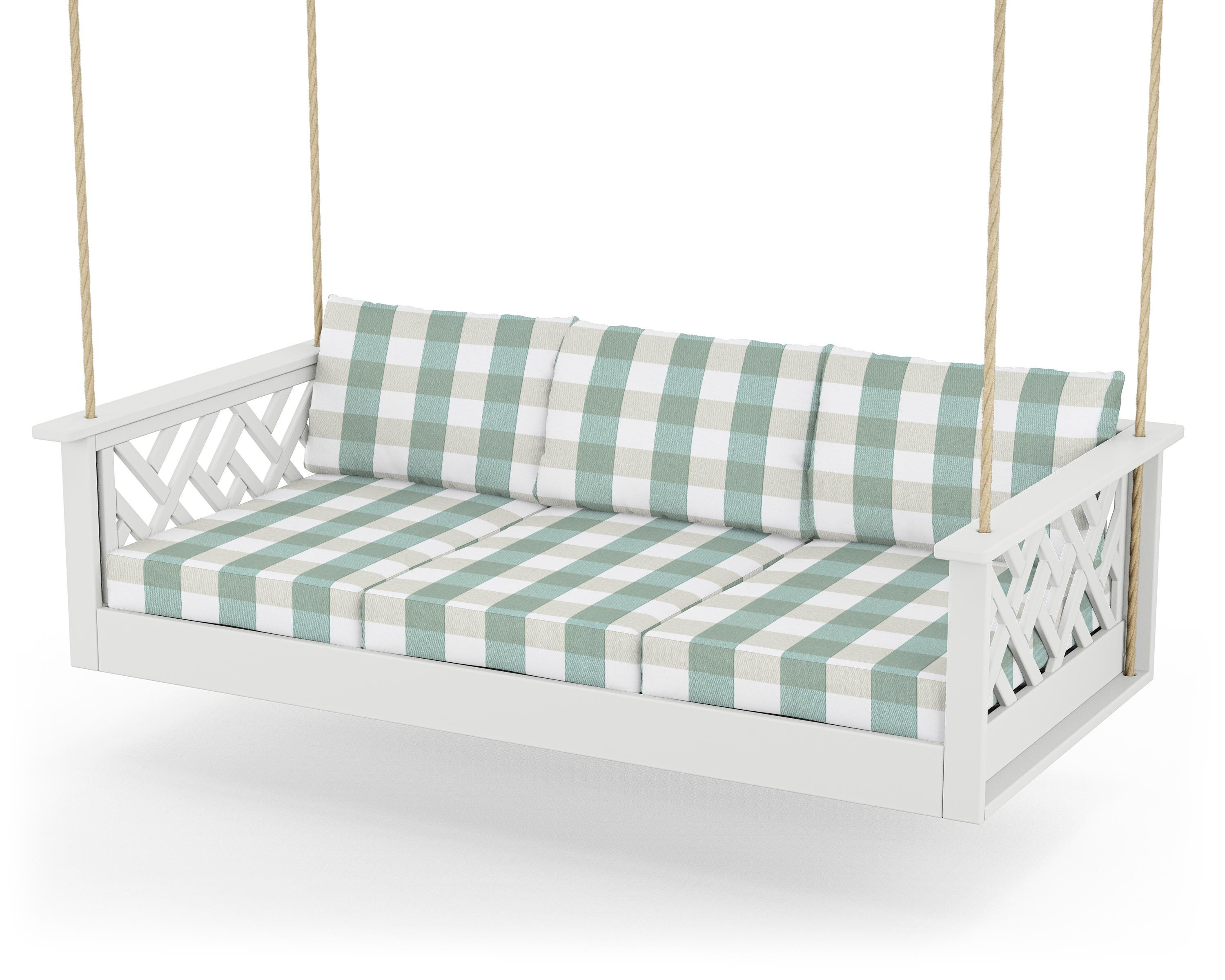POLYWOOD® Chippendale Daybed Swing in White / Buffalo Plaid Glacier Spa