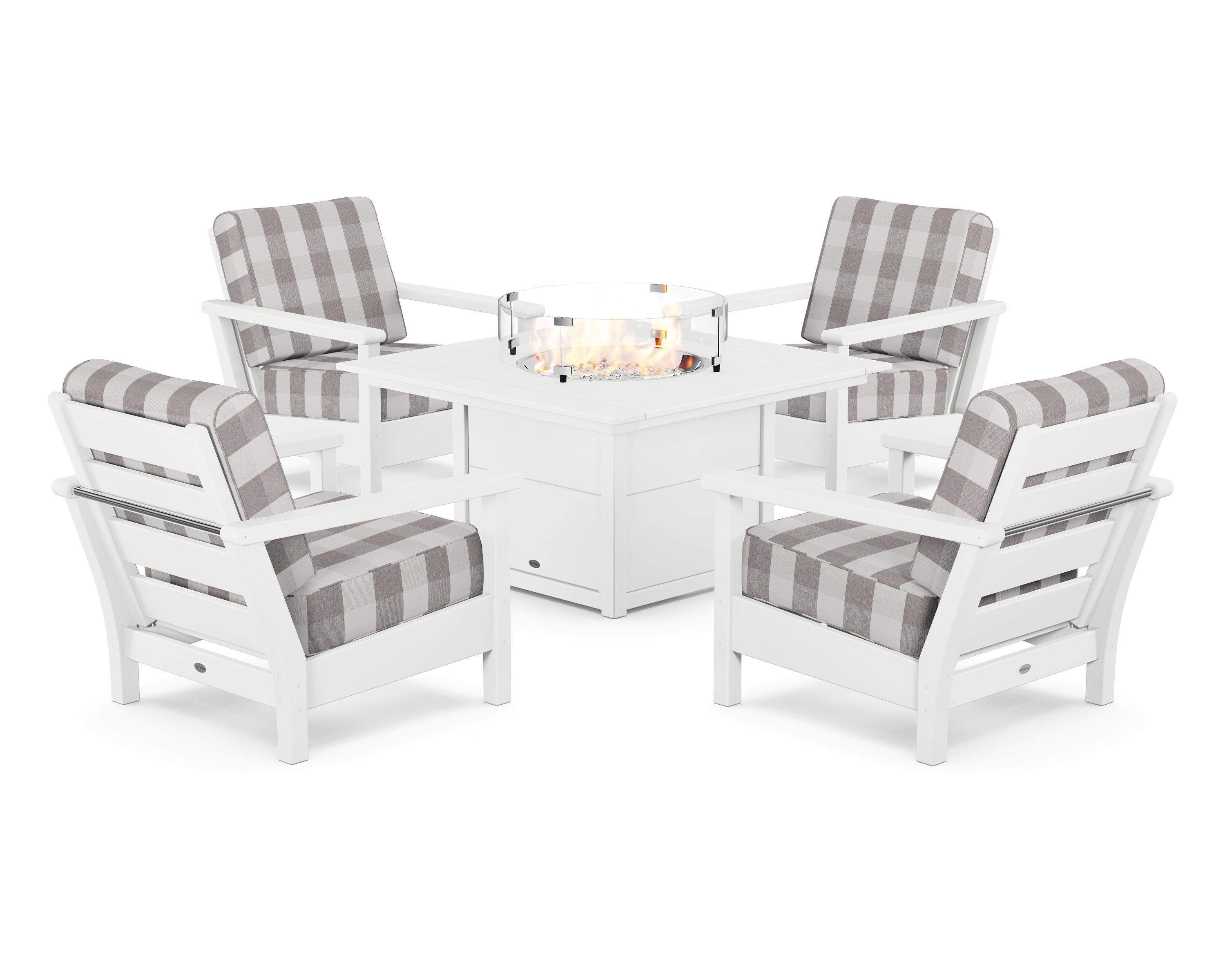 POLYWOOD® Harbour 5-Piece Conversation Set with Fire Pit Table in White / Buffalo Plaid Grey Mist