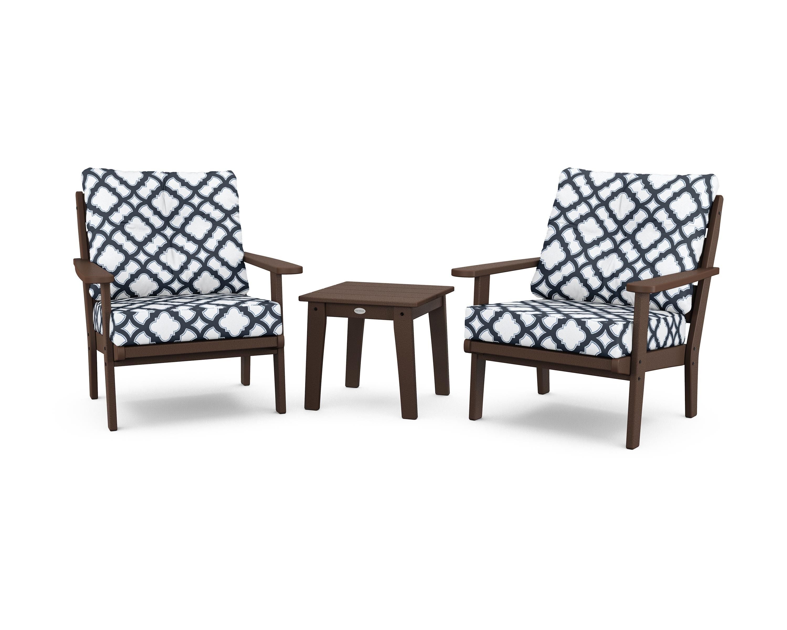 POLYWOOD® Lakeside 3-Piece Deep Seating Chair Set in Mahogany / Trellis Marine Indigo