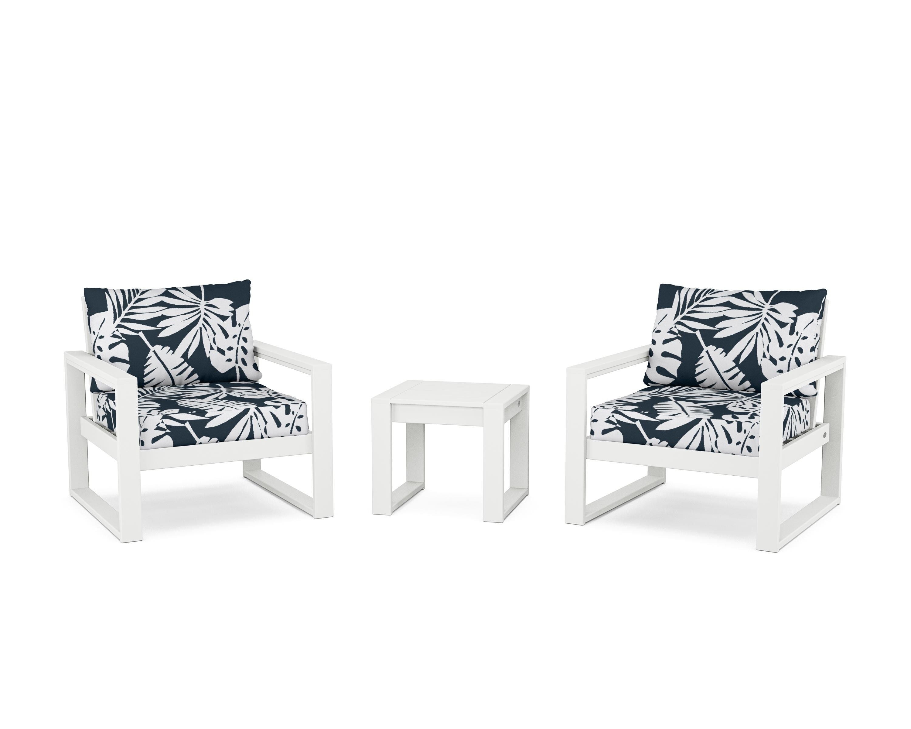 POLYWOOD® EDGE Sectional 3-Piece Deep Seating Set in White / Leaf Marine Indigo