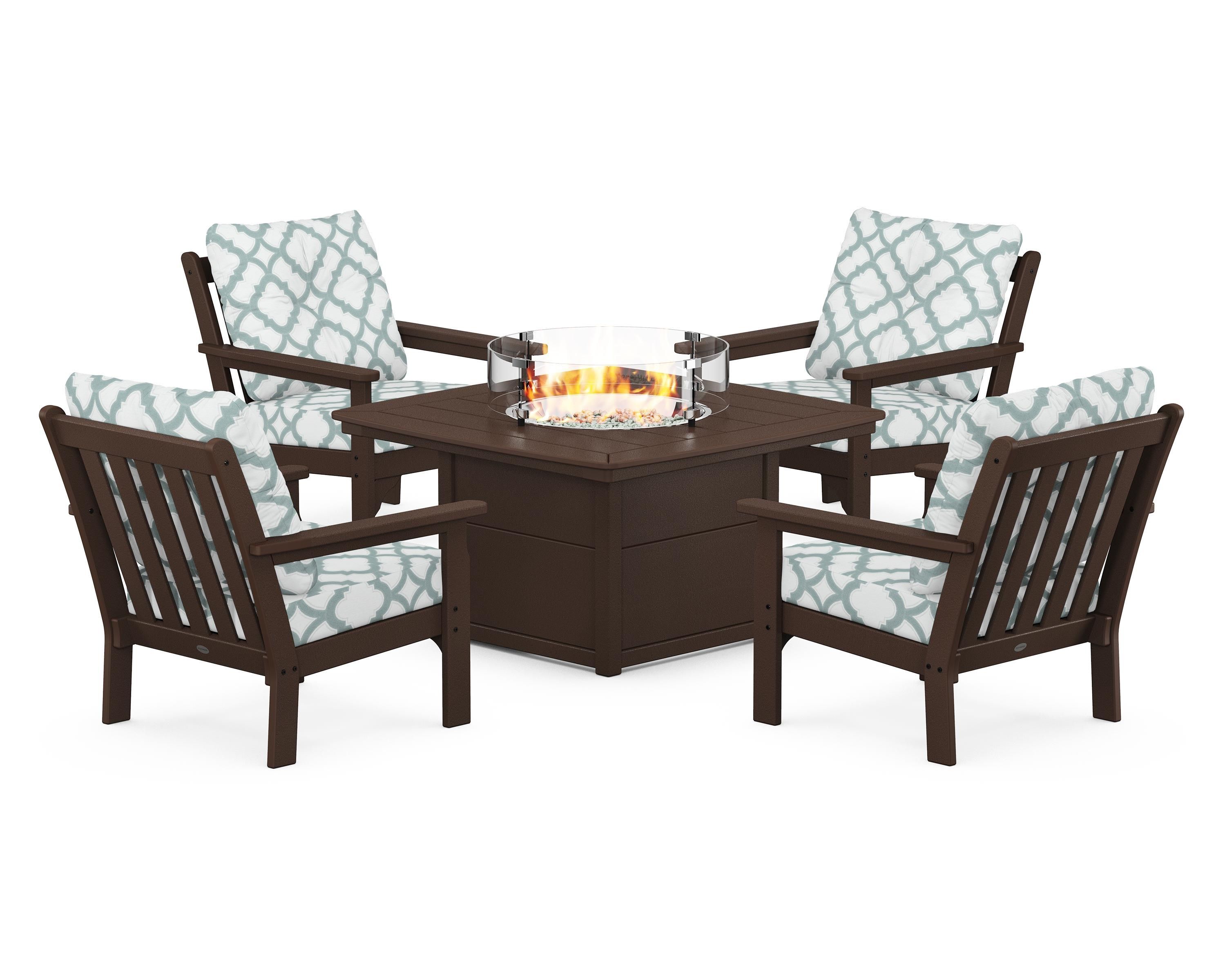 POLYWOOD® Vineyard 5-Piece Conversation Set with Fire Pit Table in Mahogany / Trellis Glacier Spa