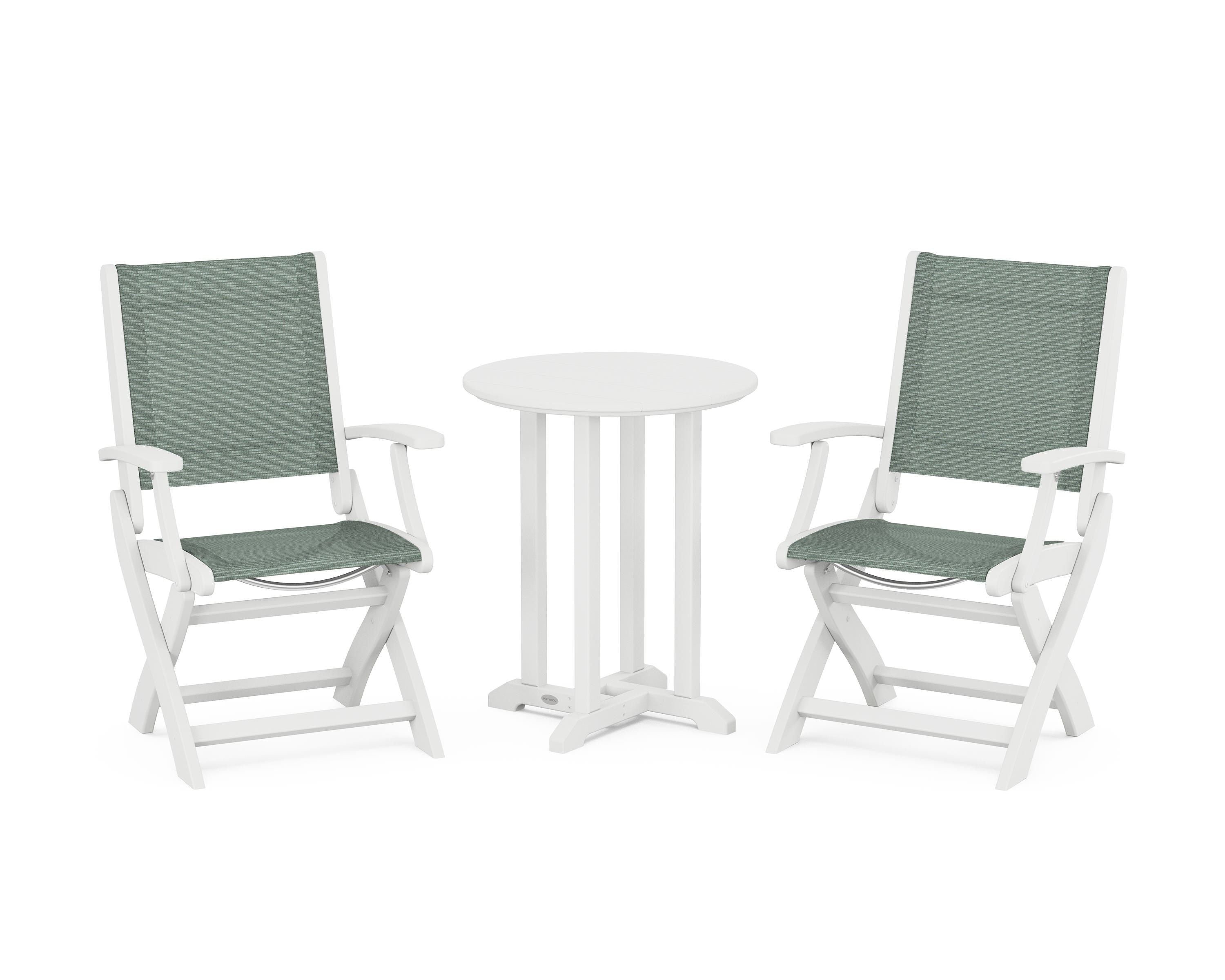 POLYWOOD® Coastal Folding 3-Piece Round Bistro Dining Set in White / Dupioni Sea Mist Sling