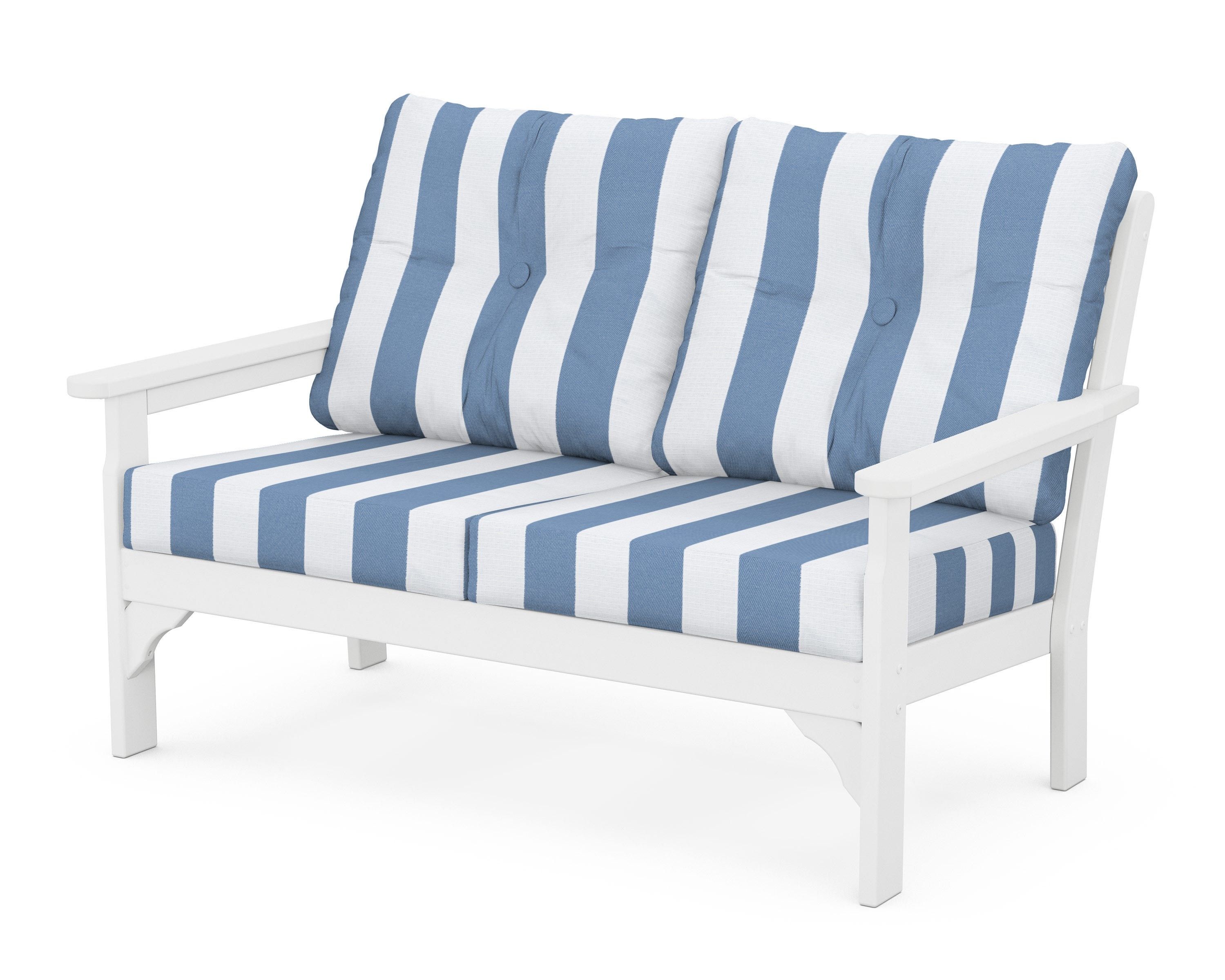 POLYWOOD® Vineyard Deep Seating Loveseat in White / Cabana Stripe Sky Blue