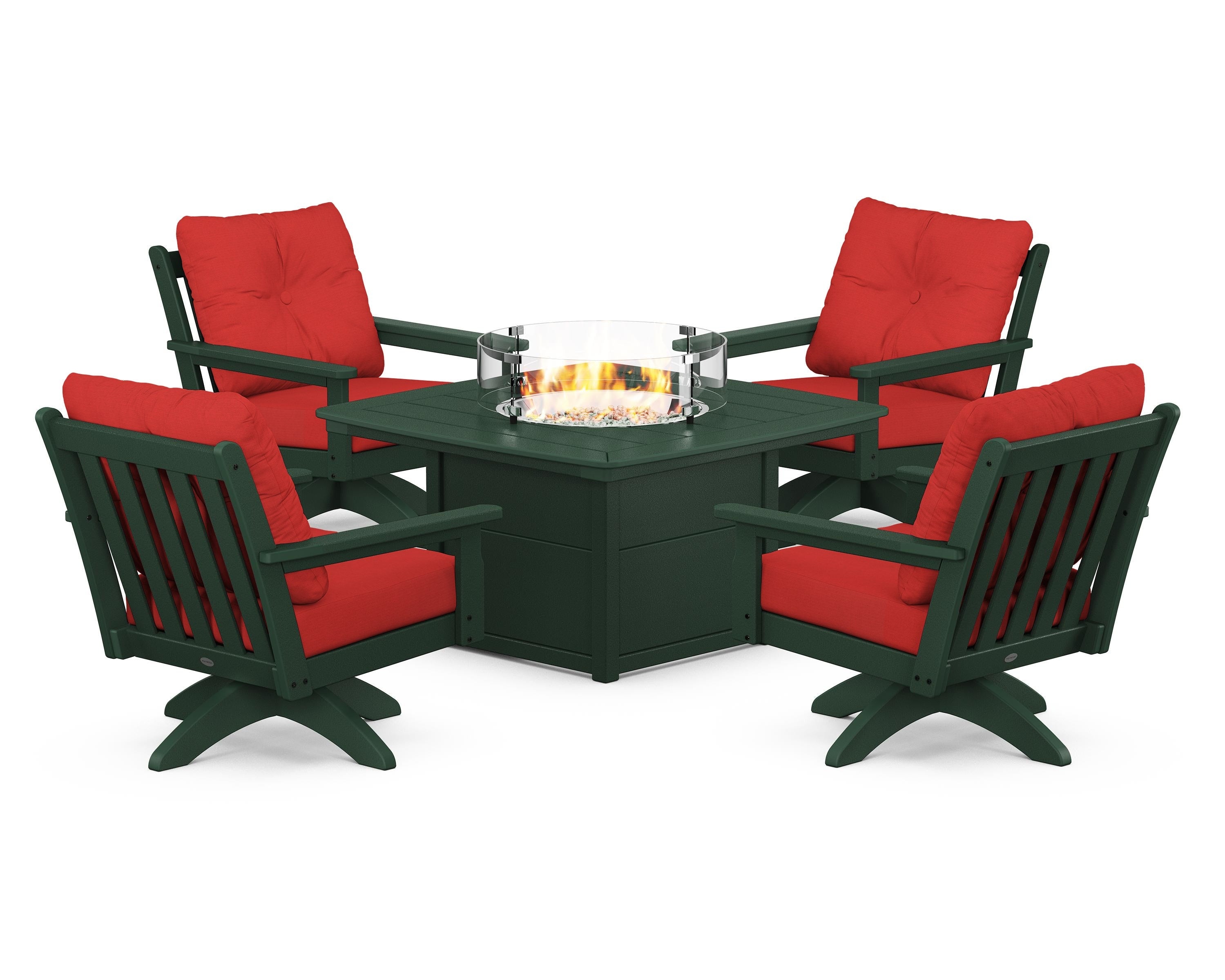 POLYWOOD® Vineyard 5-Piece Deep Seating Swivel Conversation Set with Fire Pit Table in Green / Crimson Linen