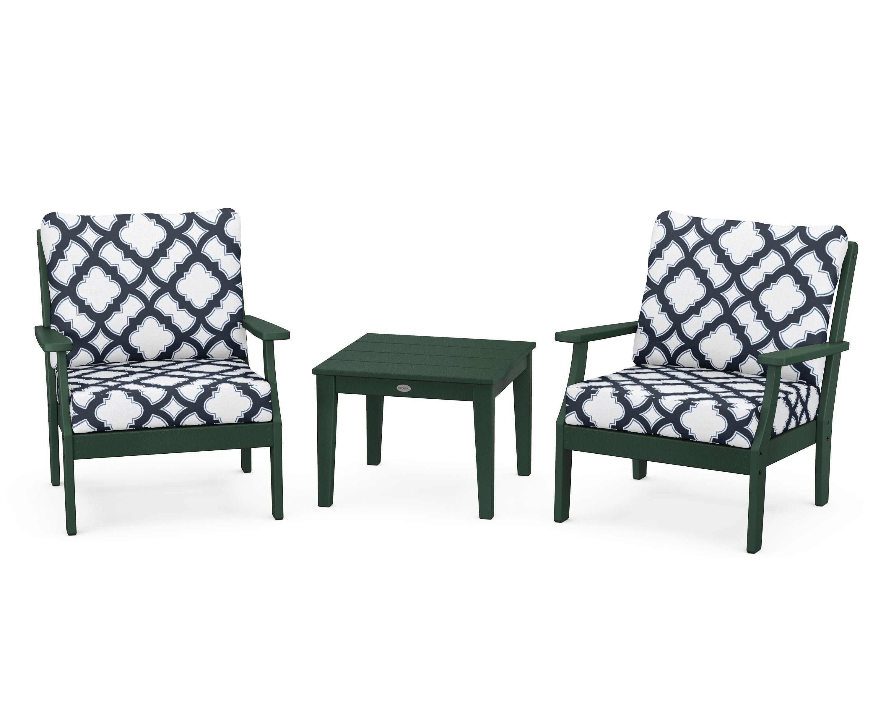 POLYWOOD® Braxton 3-Piece Deep Seating Set in Green / Trellis Marine Indigo