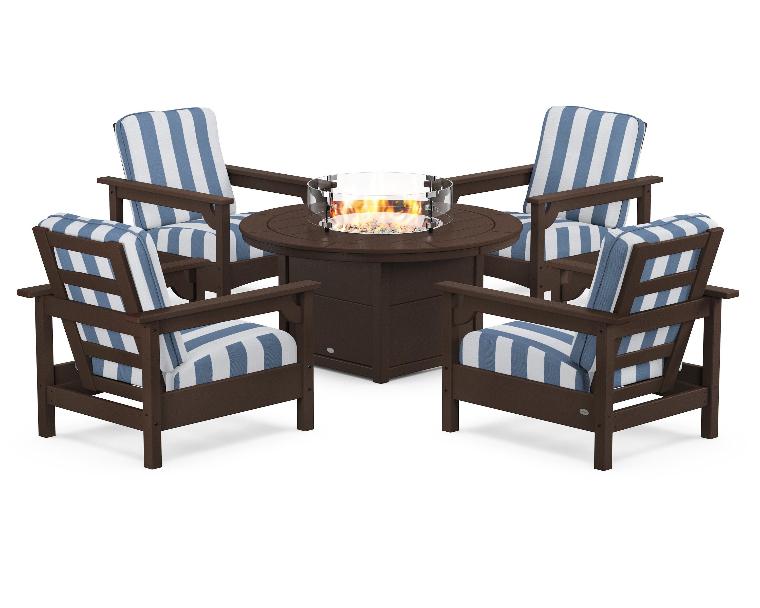 POLYWOOD® Club 5-Piece Conversation Set with Fire Pit Table in Mahogany / Cabana Stripe Sky Blue