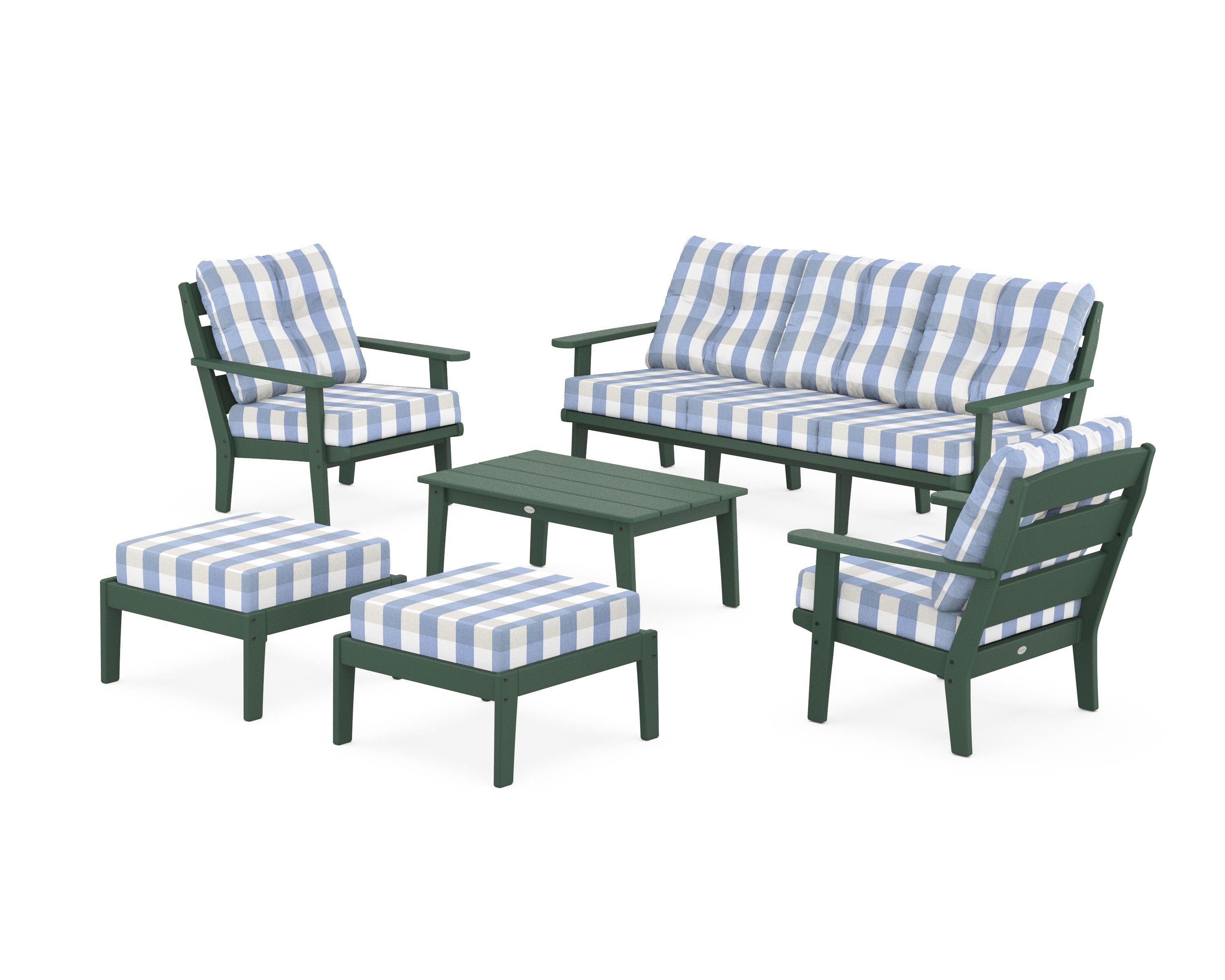POLYWOOD® Lakeside 6-Piece Lounge Sofa Set in Green / Buffalo Plaid Sky Blue