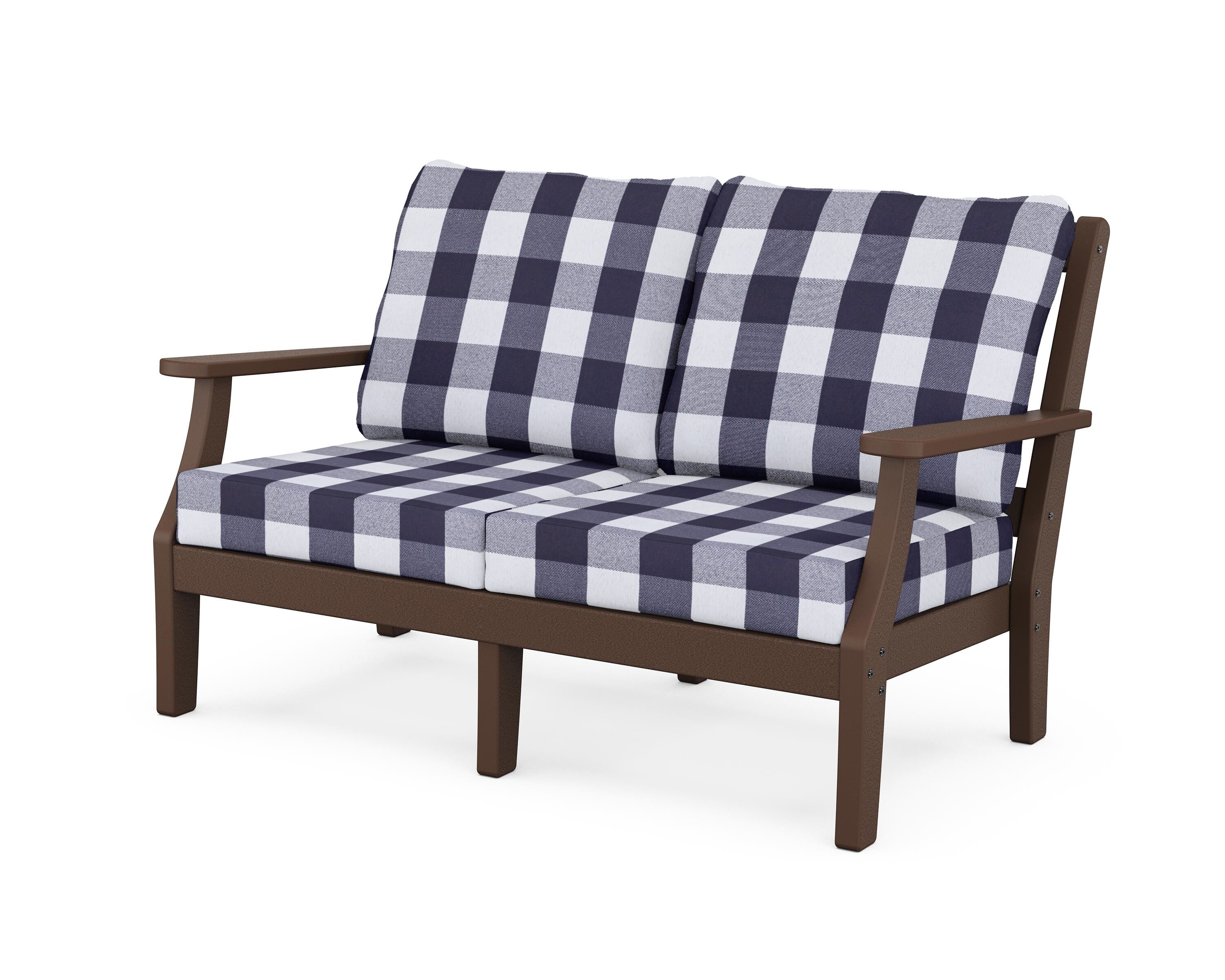 Martha Stewart by POLYWOOD® Chinoiserie Deep Seating Loveseat in Mahogany / Buffalo Plaid Navy