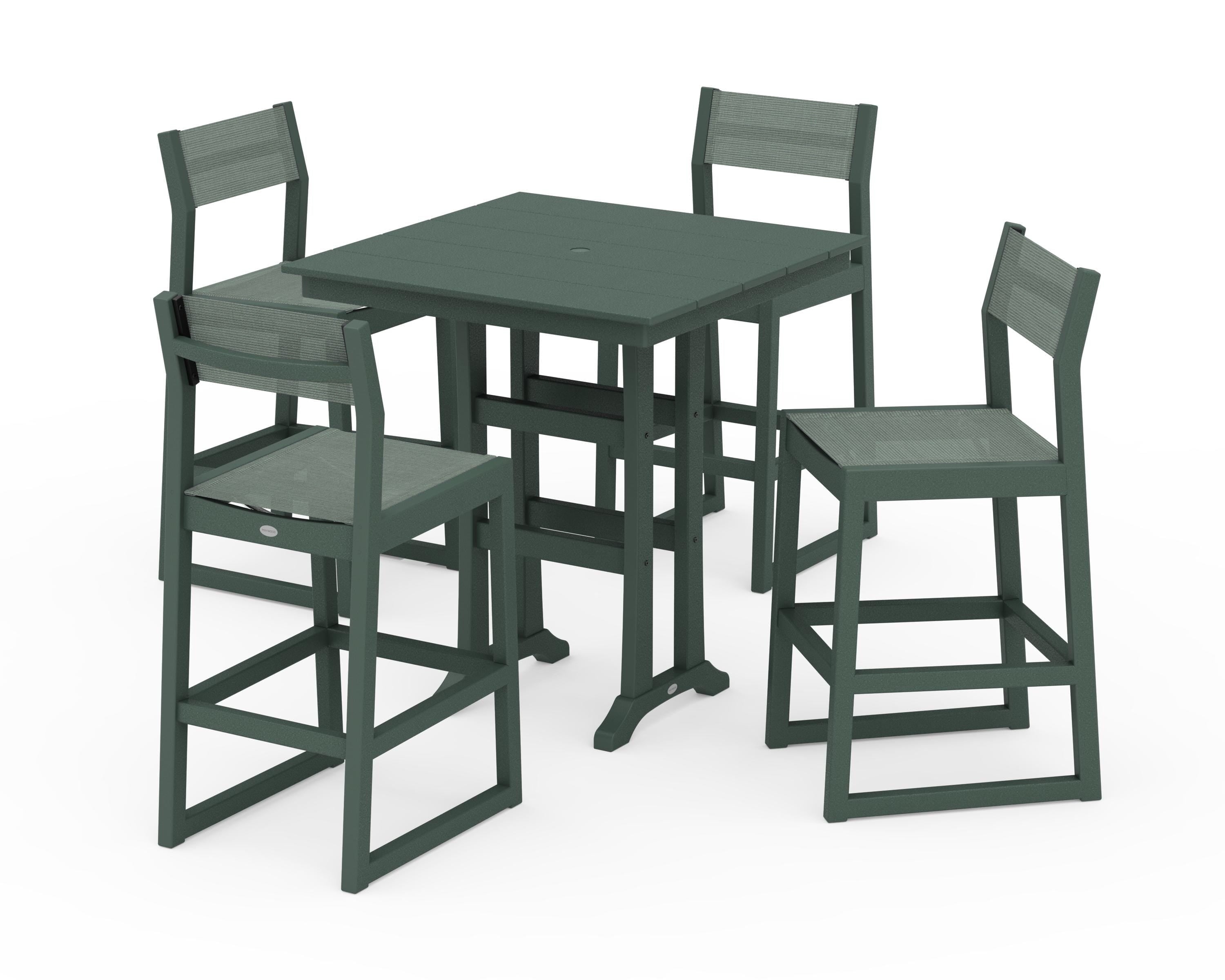 POLYWOOD® EDGE Sling Arm Chair 5-Piece Farmhouse Bar Set with Trestle Legs in Green / Dupioni Sea Mist Sling