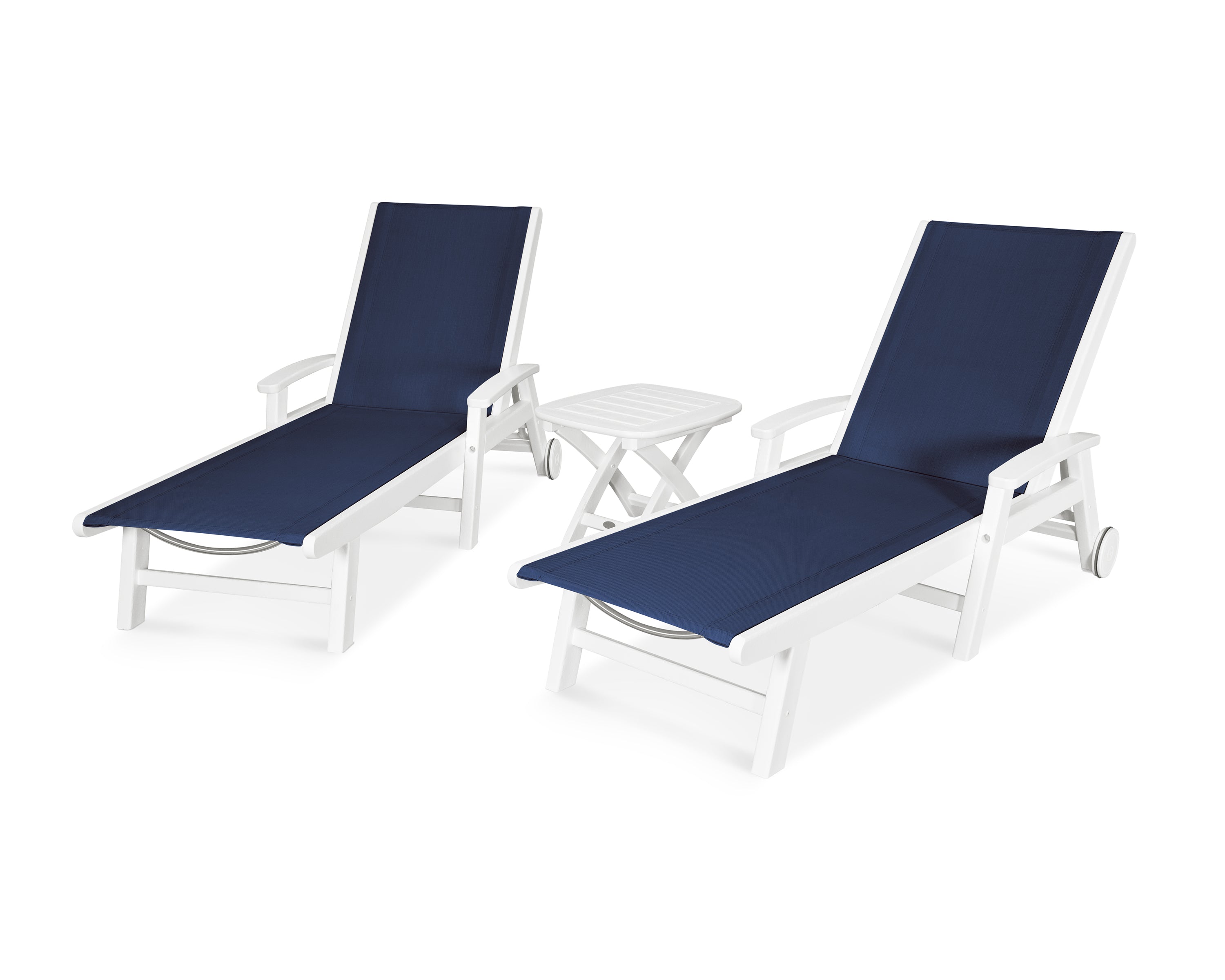 POLYWOOD® Coastal 3-Piece Wheeled Chaise Set in White / Navy Blue Sling