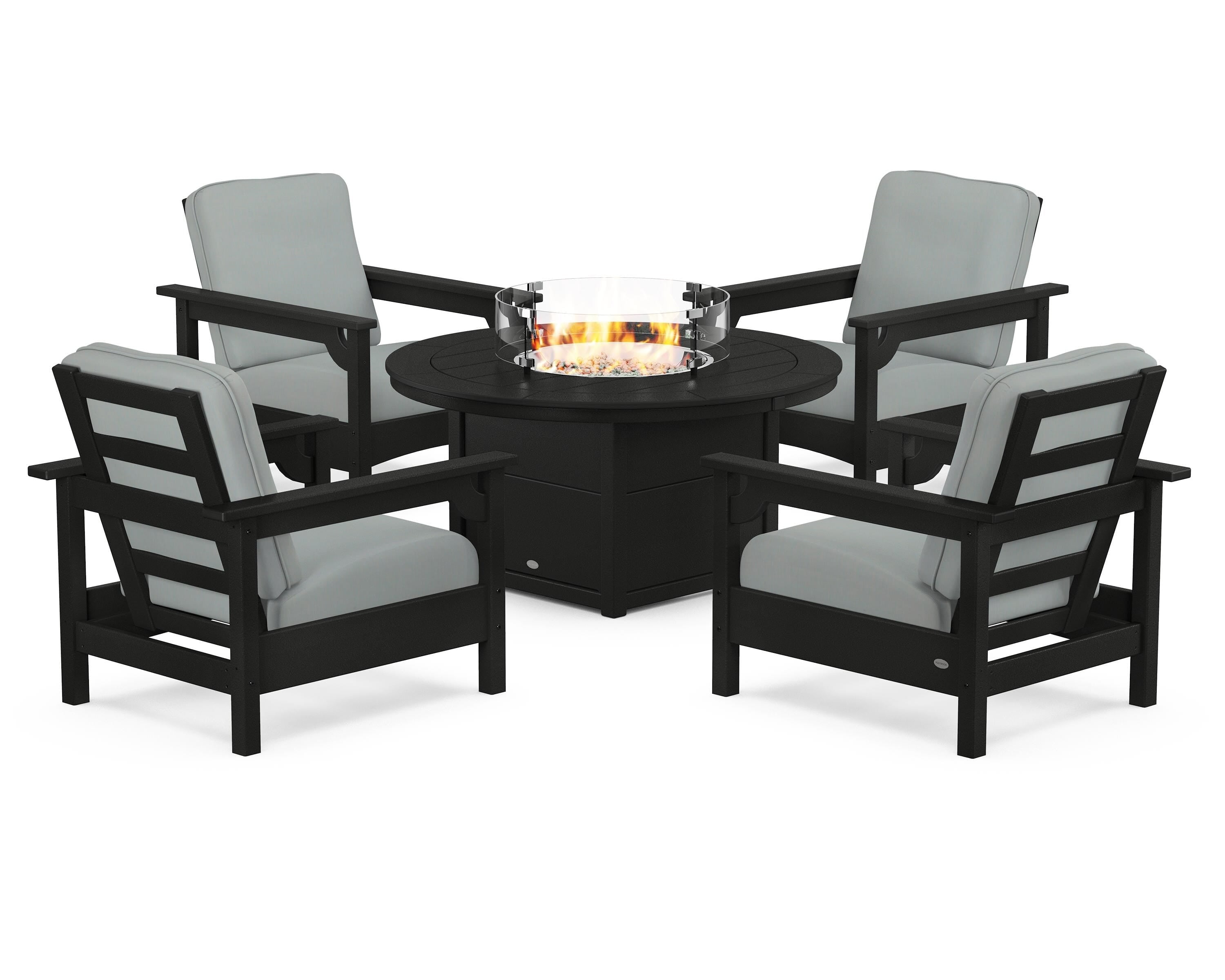 POLYWOOD® Club 5-Piece Conversation Set with Fire Pit Table in Black / Spa