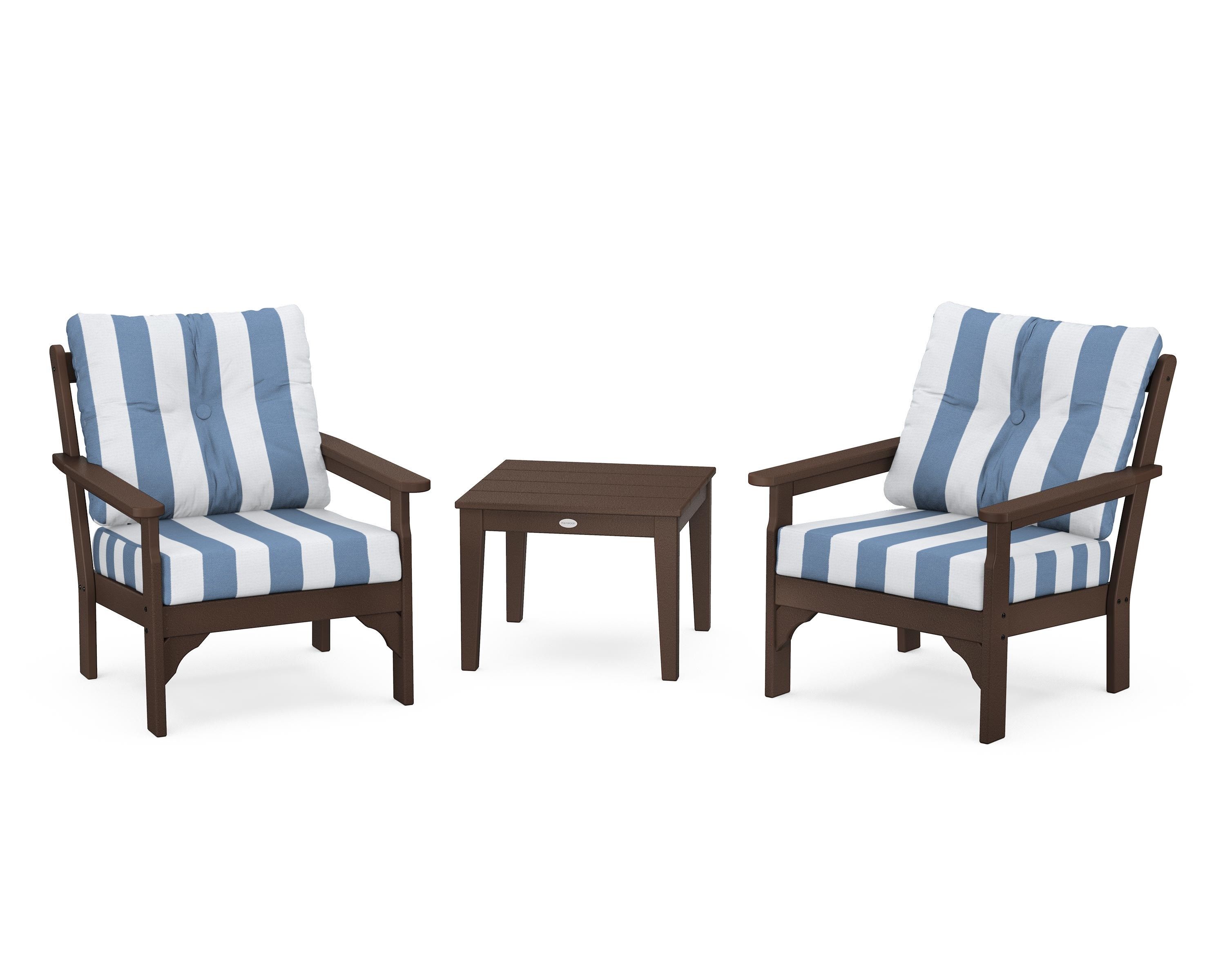 POLYWOOD® Vineyard 3-Piece Deep Seating Set in Mahogany / Cabana Stripe Sky Blue