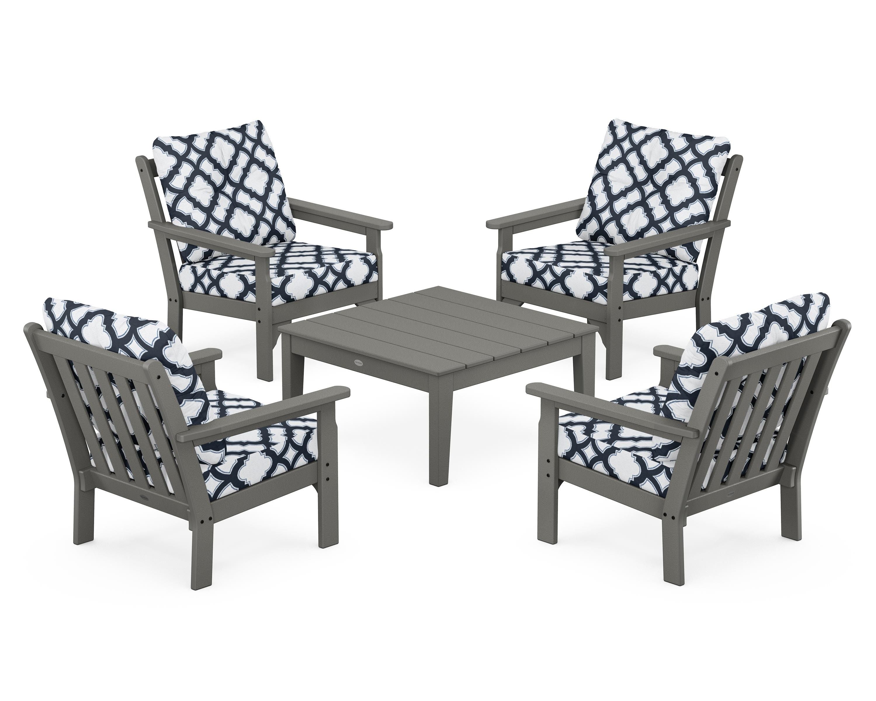 POLYWOOD® Vineyard 5-Piece Deep Seating Conversation Set in Slate Grey / Trellis Marine Indigo
