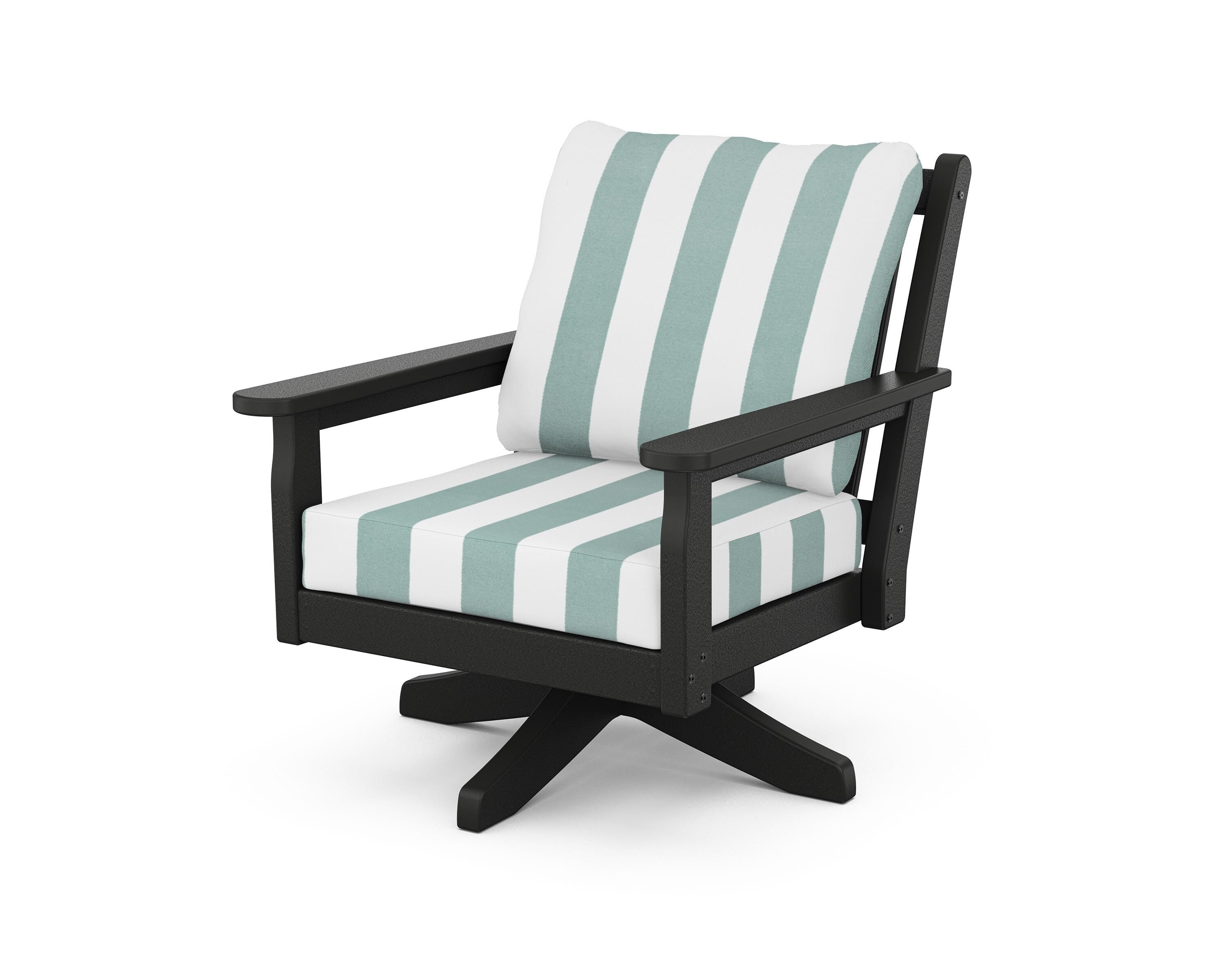 POLYWOOD® Chippendale Deep Seating Swivel Chair in Black / Cabana Stripe Glacier Spa