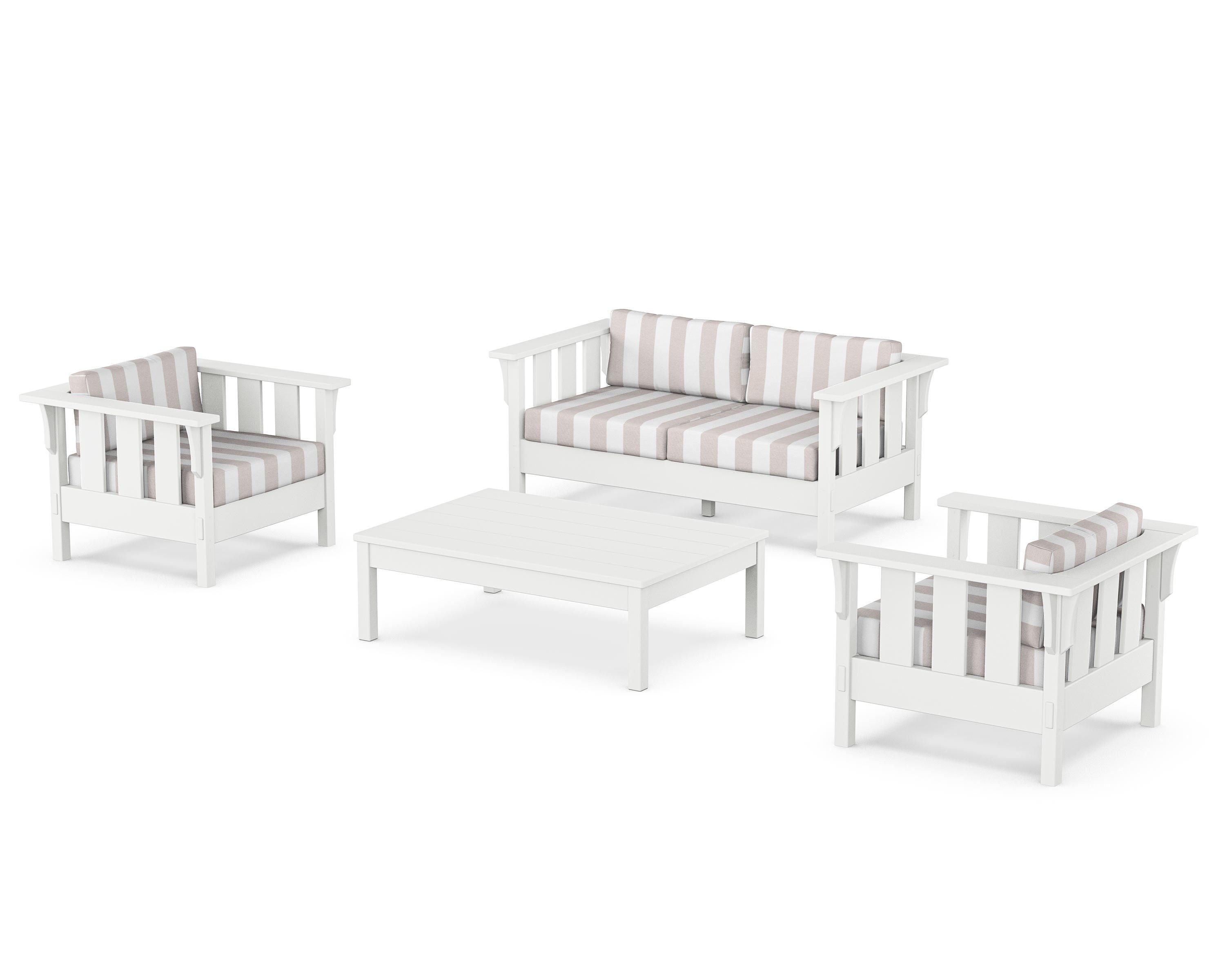 Martha Stewart by POLYWOOD® Acadia 4-Piece Deep Seating Set with Loveseat in White / Cabana Stripe Dune Burlap
