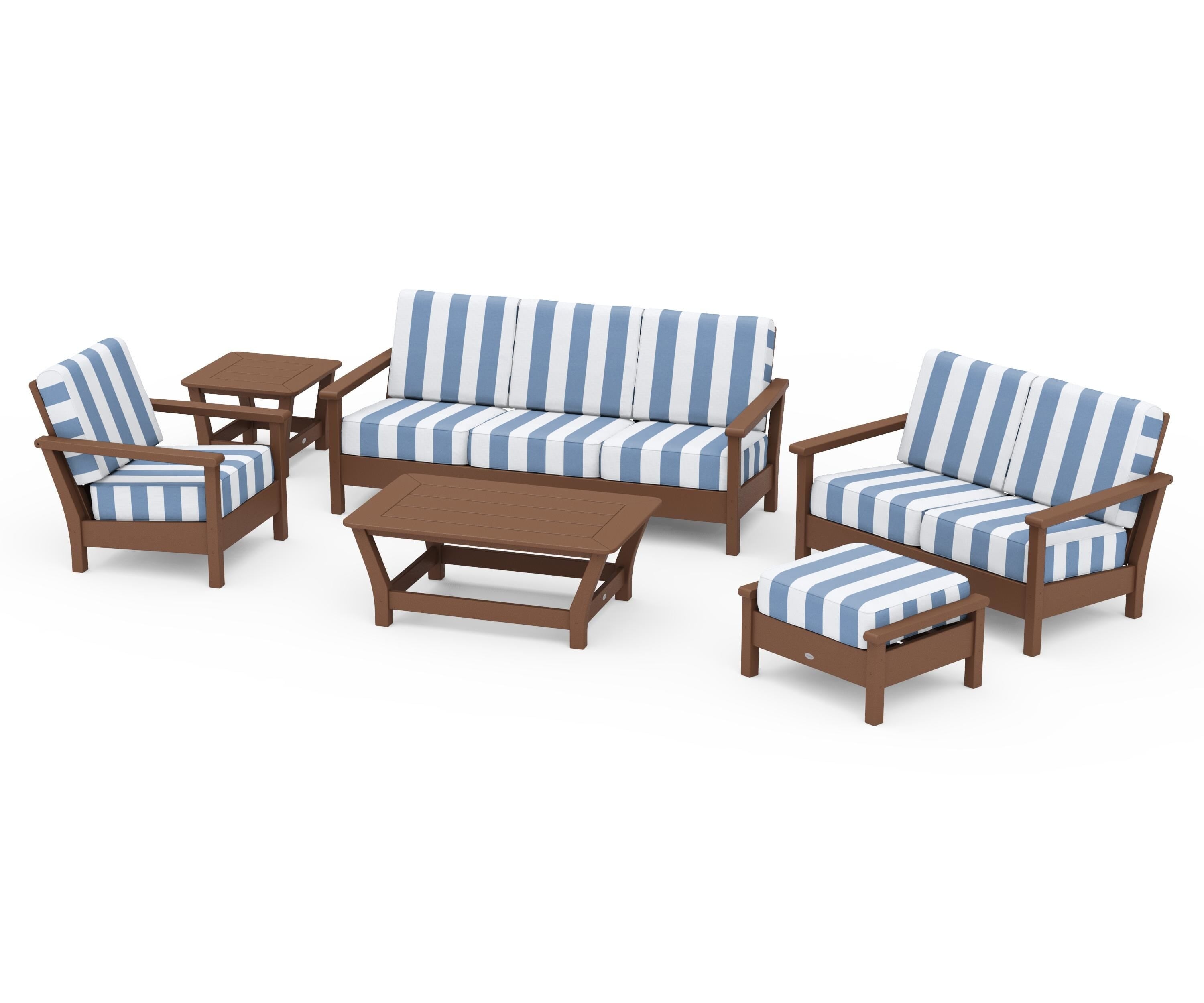 POLYWOOD® Harbour 6-Piece Outdoor Living Set in Teak / Cabana Stripe Sky Blue