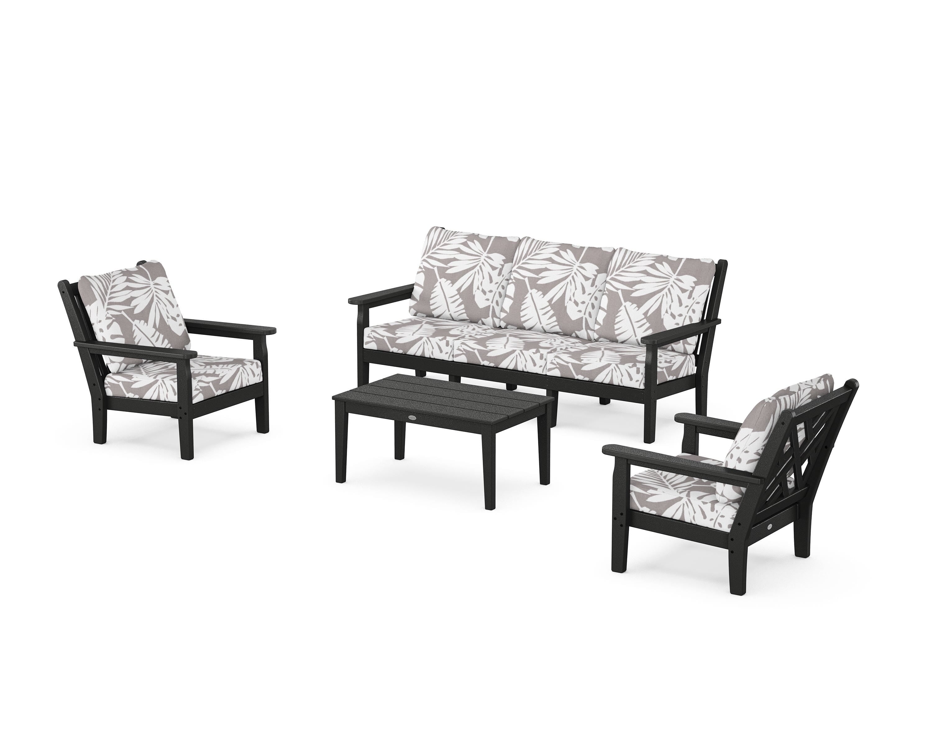 POLYWOOD® Chippendale 4-Piece Deep Seating Set with Sofa in Black / Leaf Grey Mist