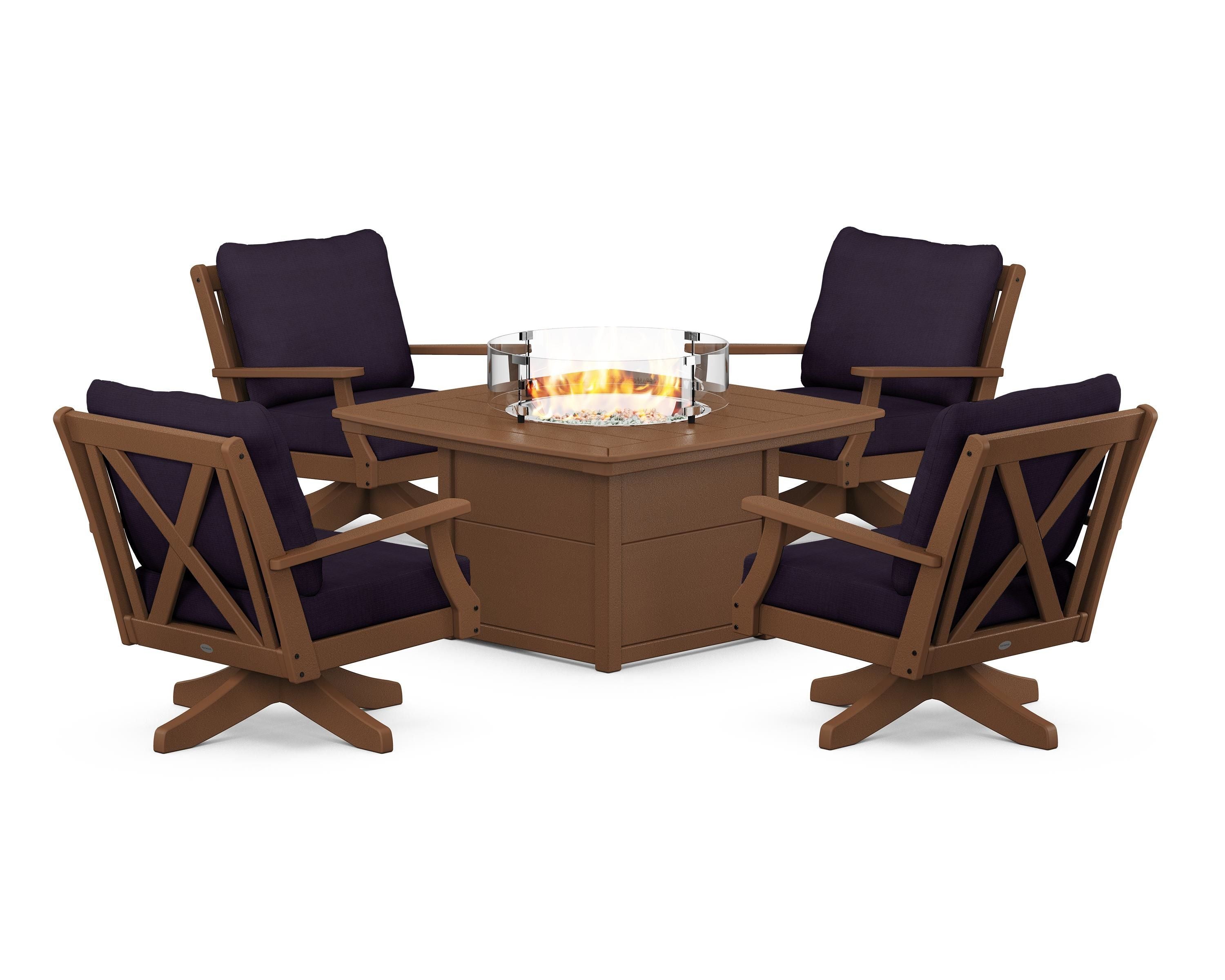 POLYWOOD® Braxton 5-Piece Deep Seating Swivel Conversation Set with Fire Pit Table in Teak / Navy Linen