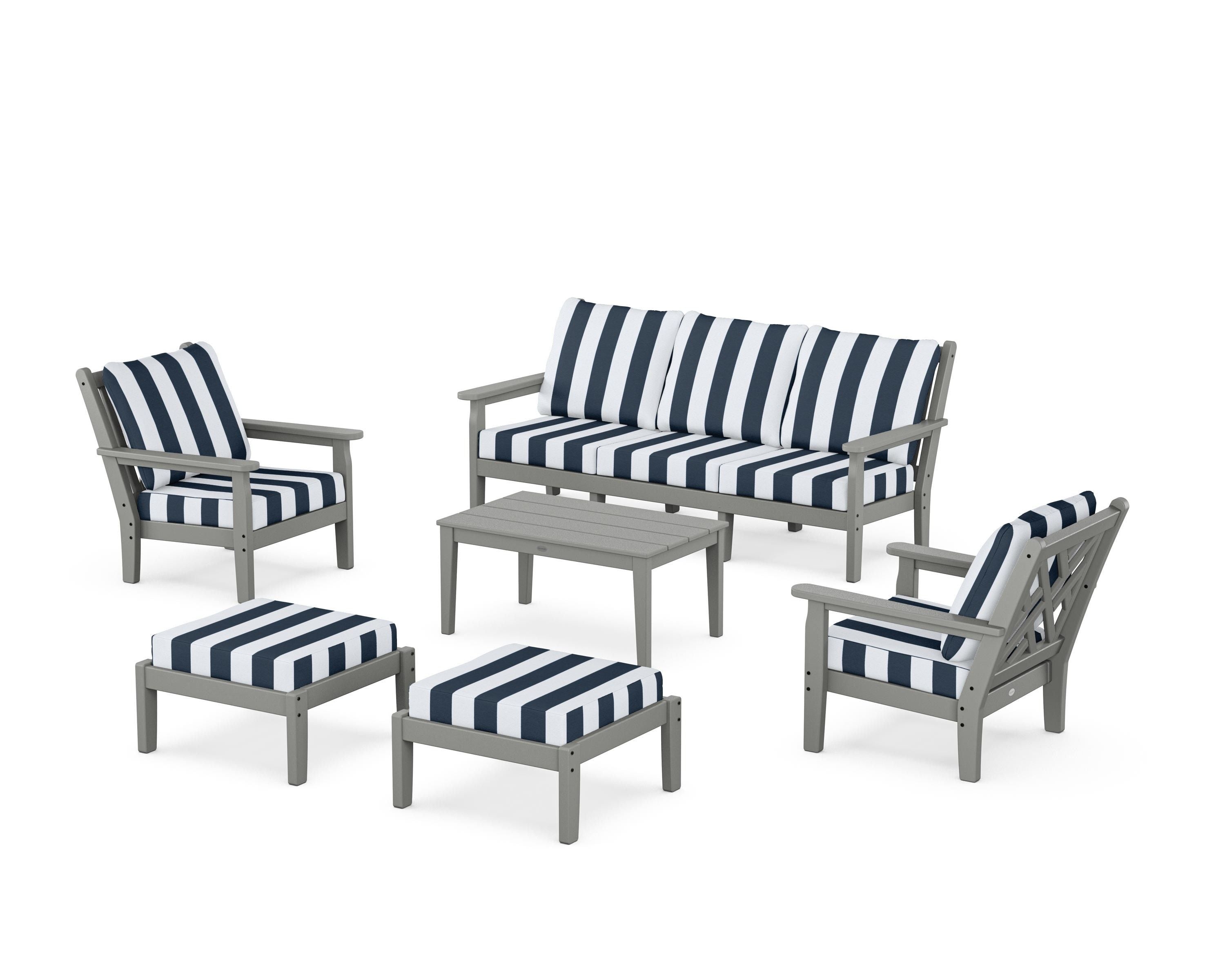 POLYWOOD® Chippendale 6-Piece Lounge Sofa Set in Slate Grey / Cabana Stripe Marine Indigo