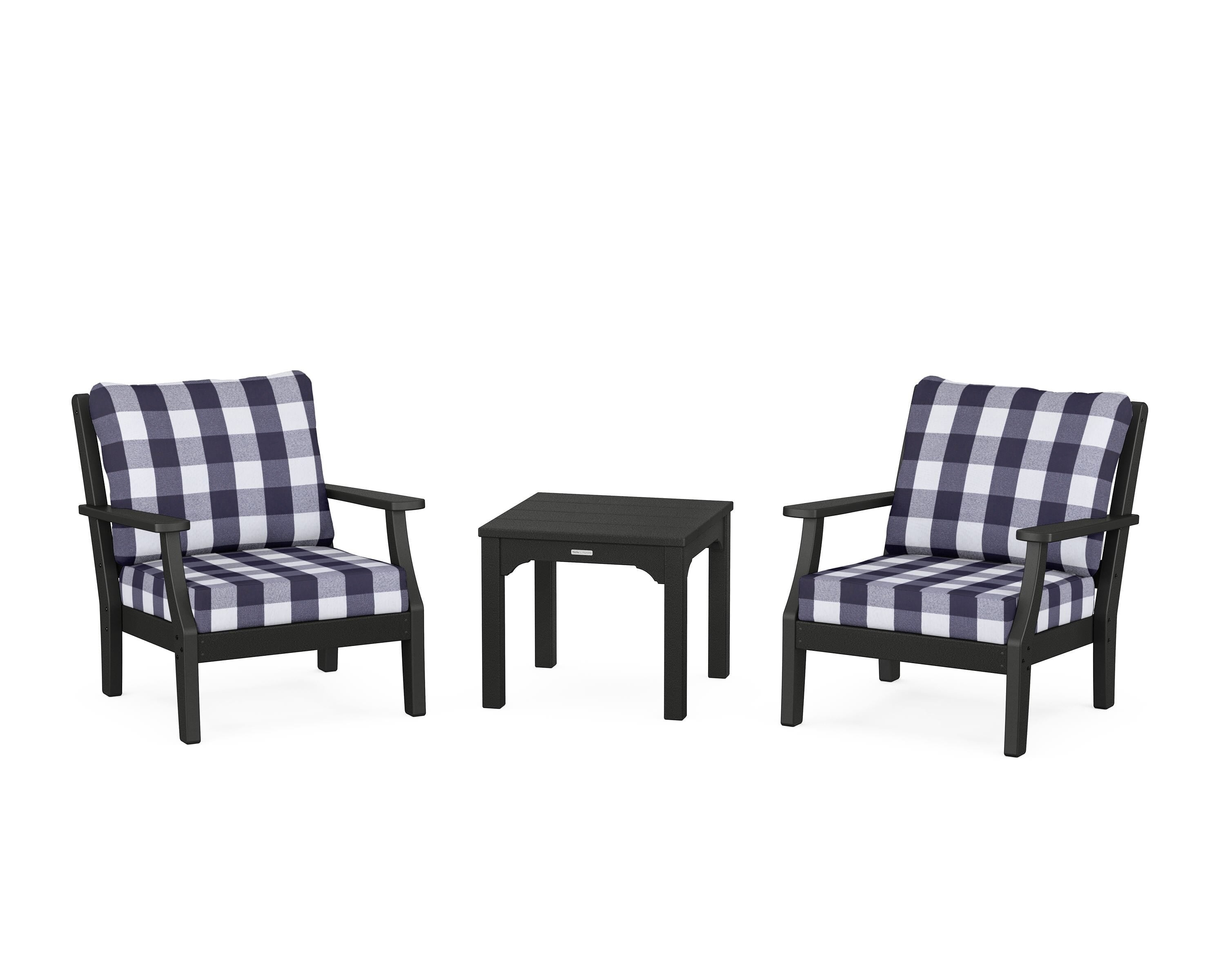 Martha Stewart by POLYWOOD® Chinoiserie 3-Piece Deep Seating Set in Black / Buffalo Plaid Navy