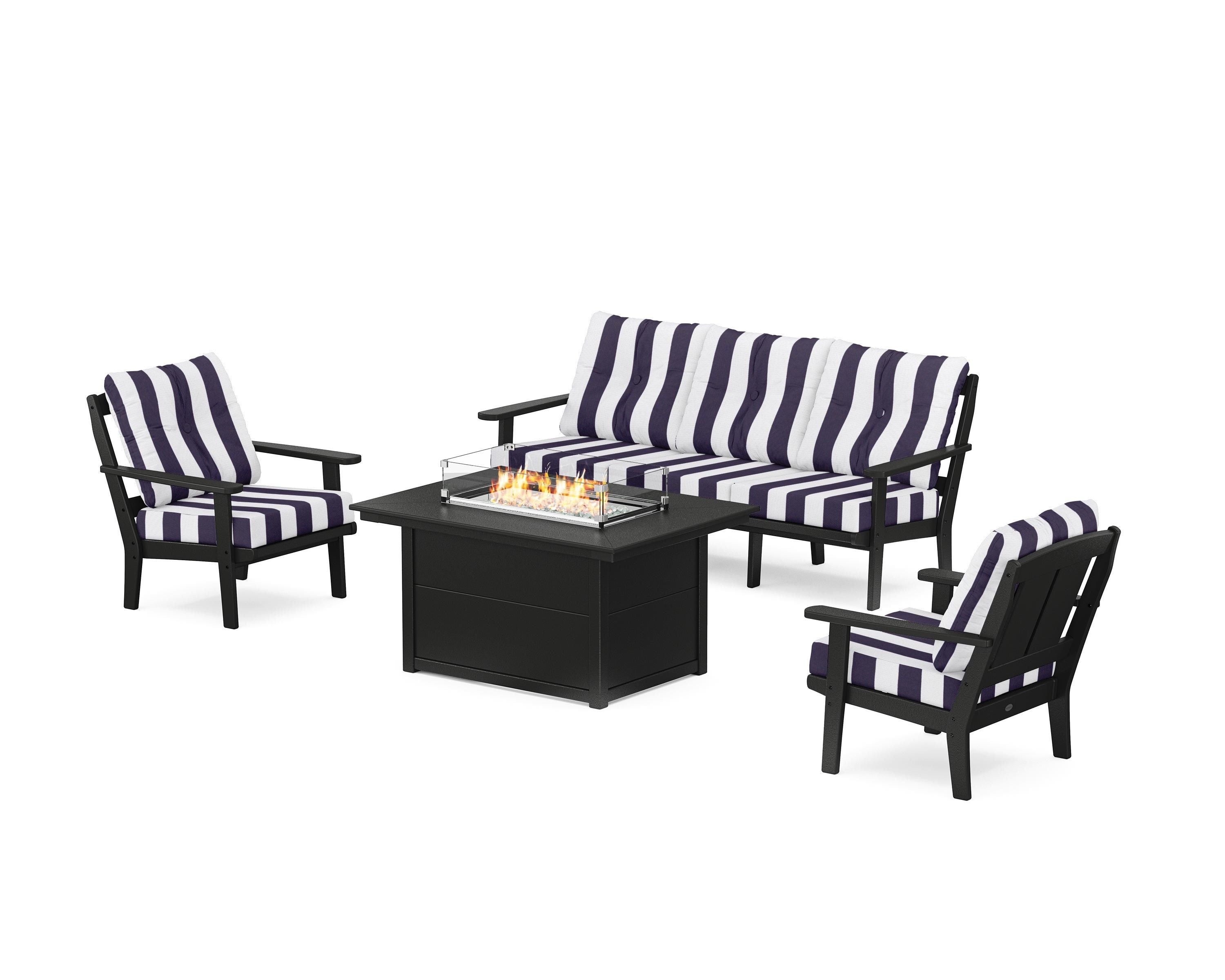 POLYWOOD® Mission Deep Seating Fire Pit Table Set in Black / Cabana Stripe Navy