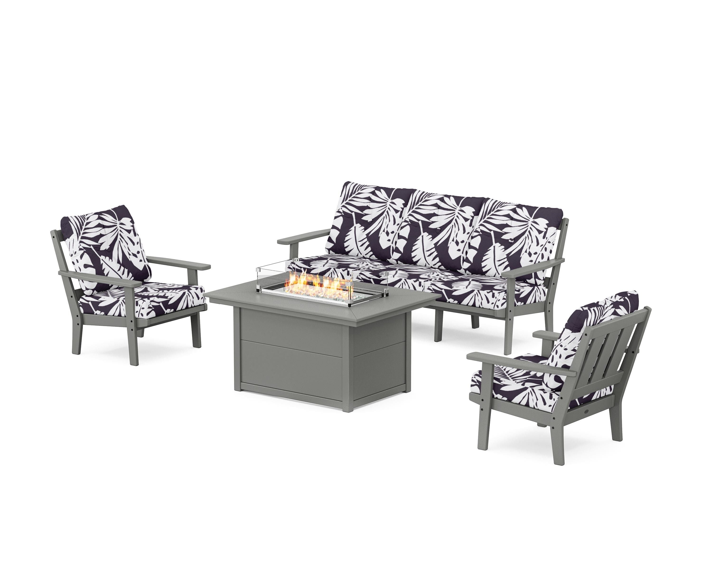POLYWOOD® Oxford Deep Seating Fire Pit Table Set in Slate Grey / Leaf Navy