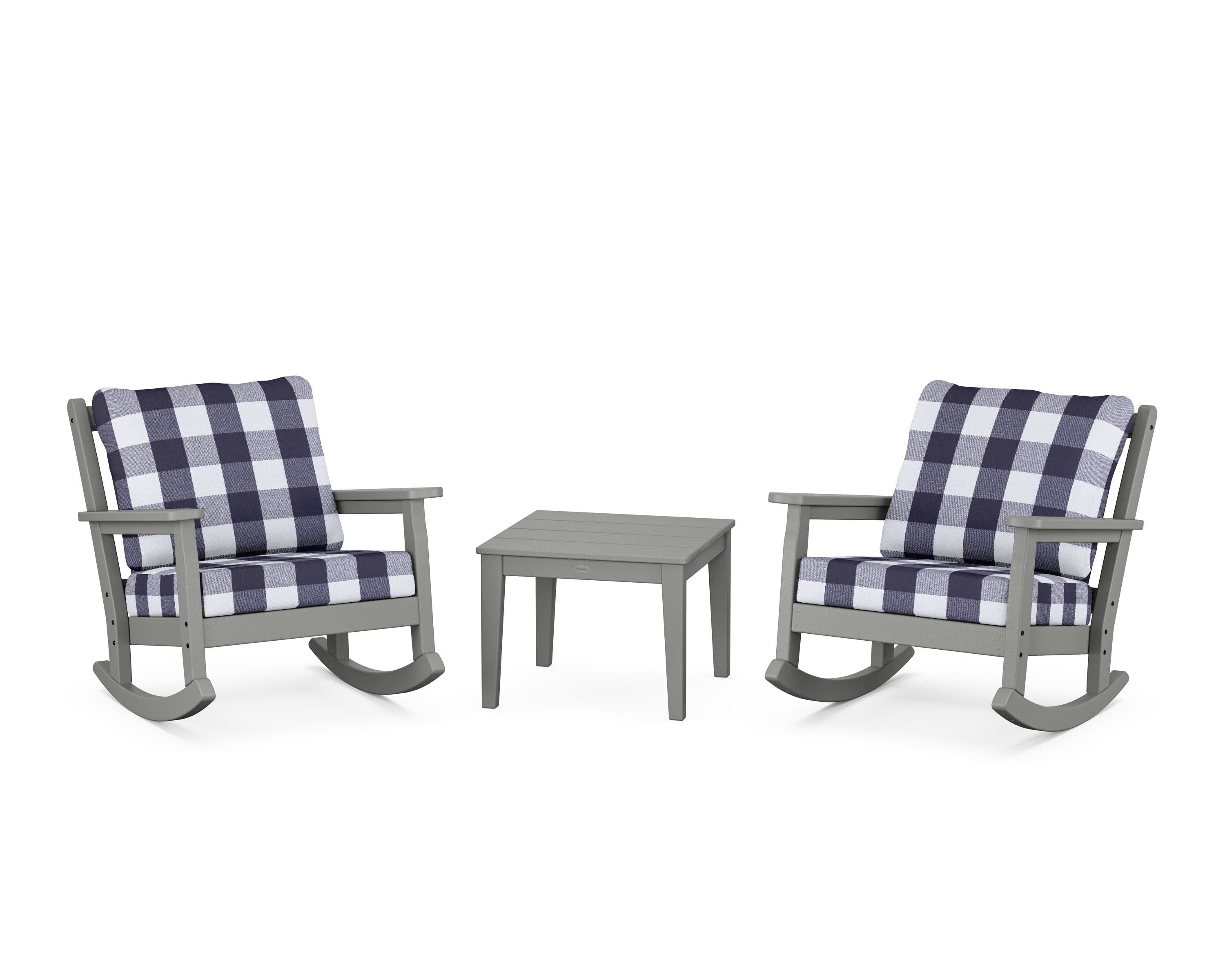 POLYWOOD® Chippendale 3-Piece Deep Seating Rocker Set in Slate Grey / Buffalo Plaid Navy