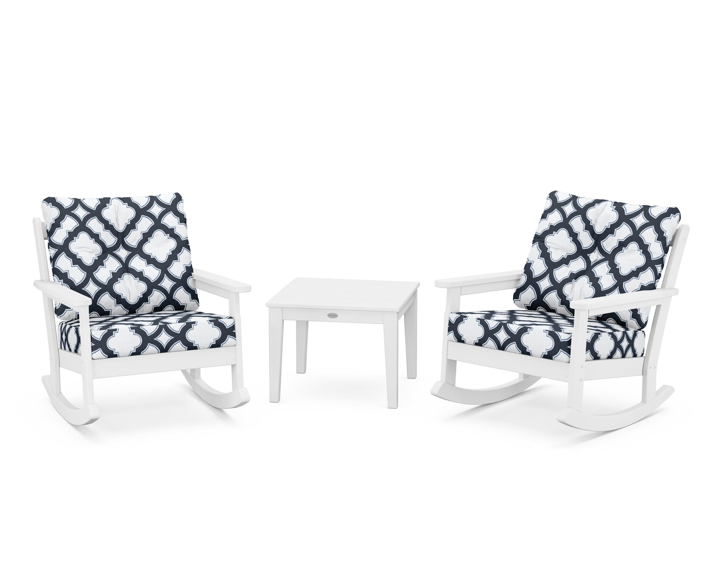 POLYWOOD® Vineyard 3-Piece Deep Seating Rocker Set in White / Trellis Marine Indigo