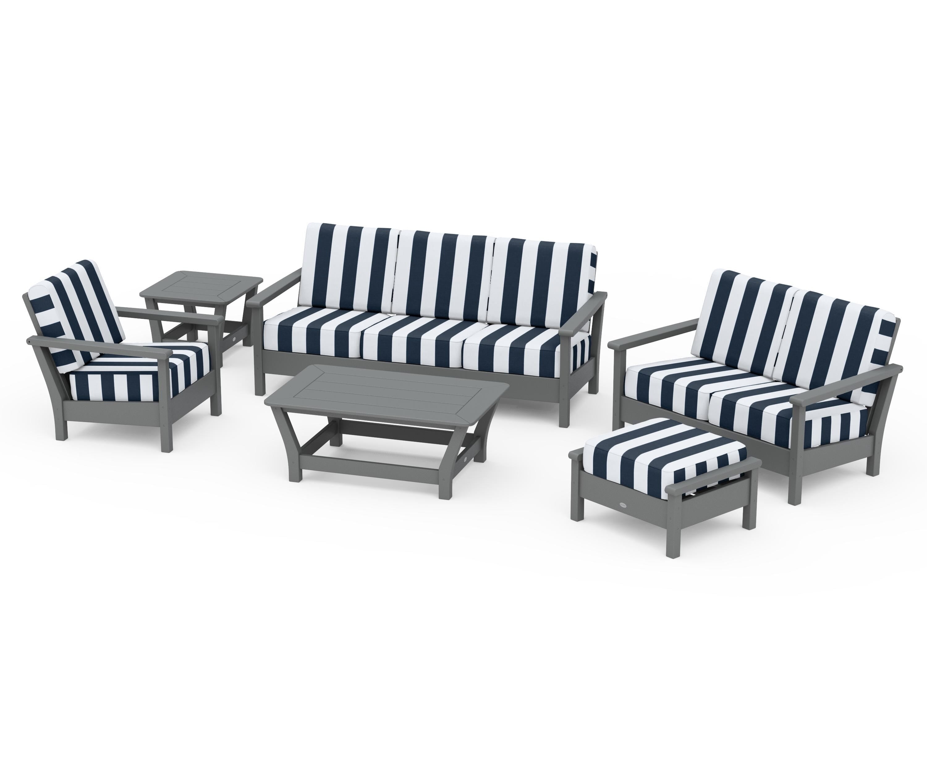 POLYWOOD® Harbour 6-Piece Outdoor Living Set in Slate Grey / Cabana Stripe Marine Indigo