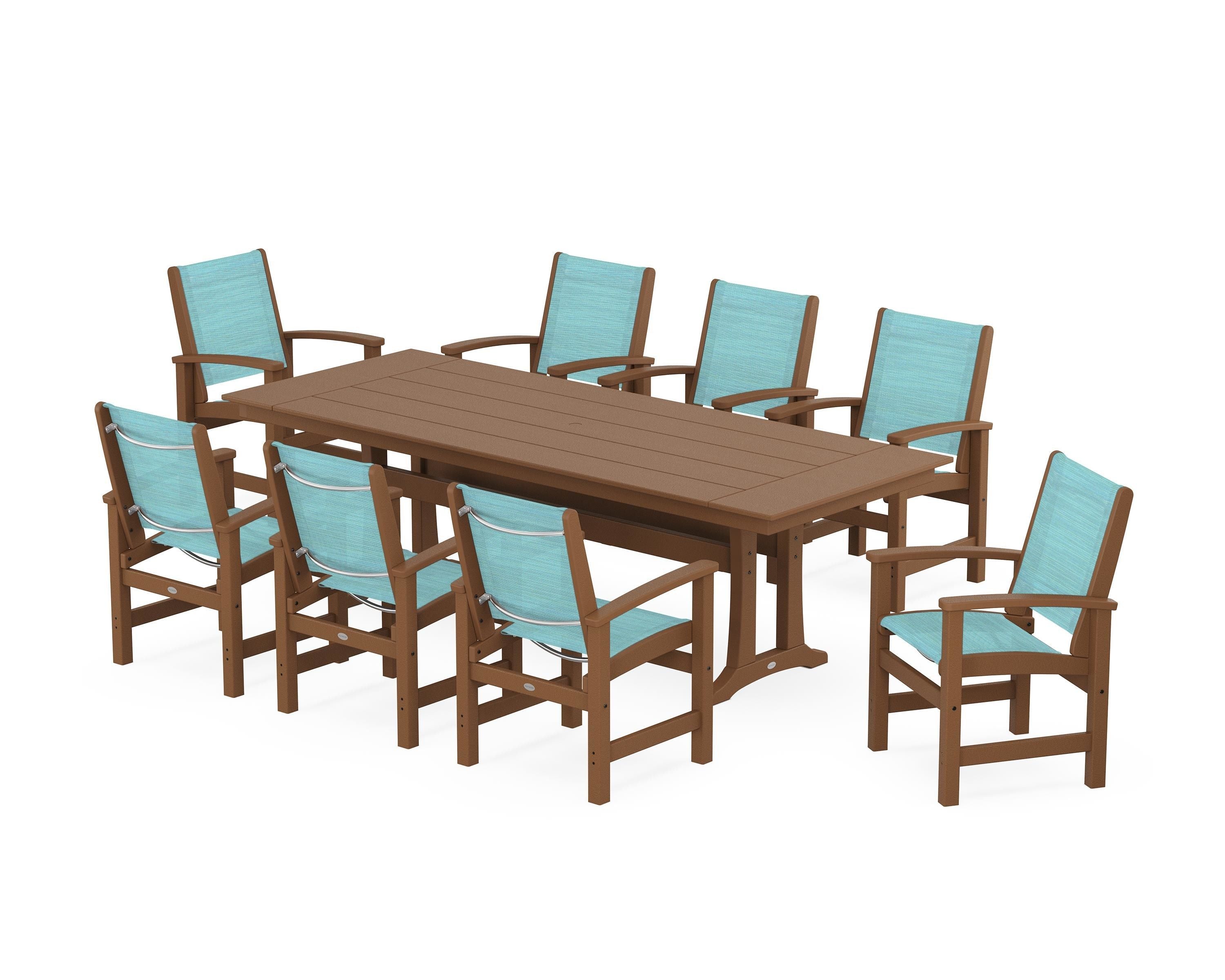 POLYWOOD® Coastal 9-Piece Farmhouse Dining Set with Trestle Legs in Teak / Dupioni Aquamarine Sling
