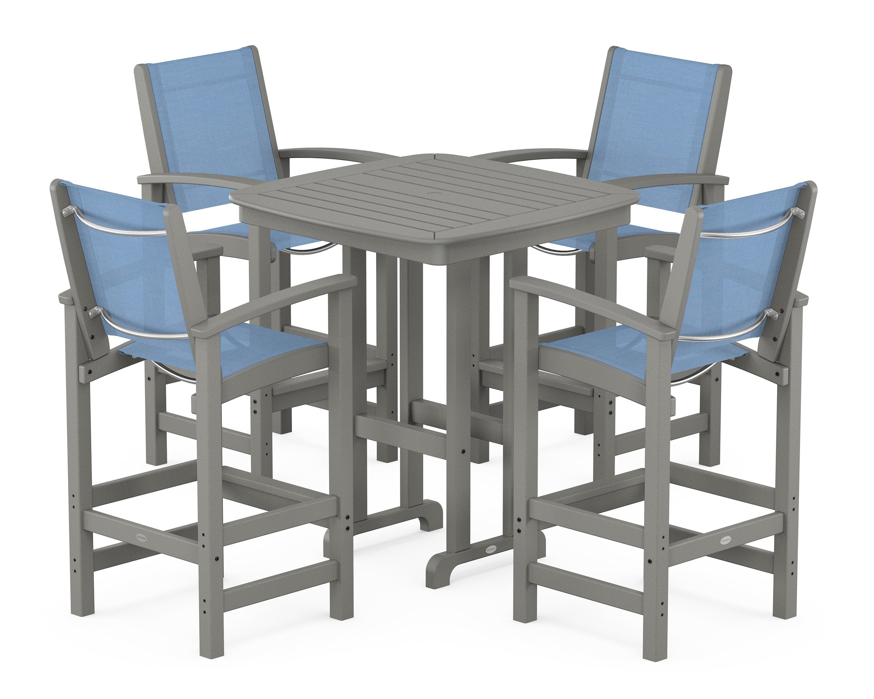 POLYWOOD® Coastal 5-Piece Bar Set in Slate Grey / Poolside Sling