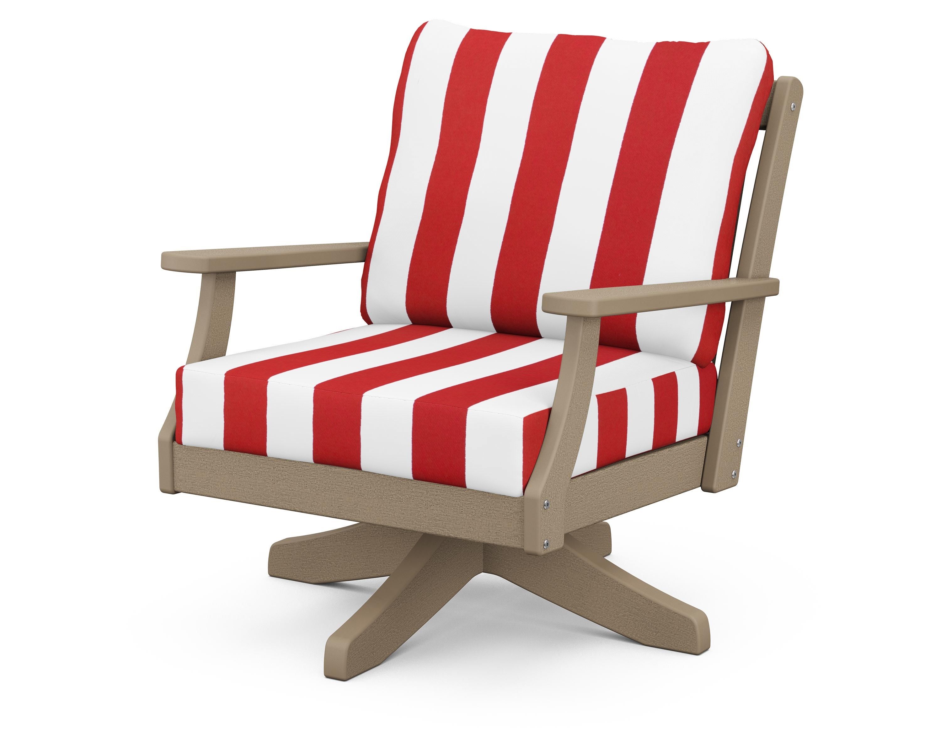 POLYWOOD® Braxton Deep Seating Swivel Chair in Vintage Sahara / Cabana Stripe Crimson